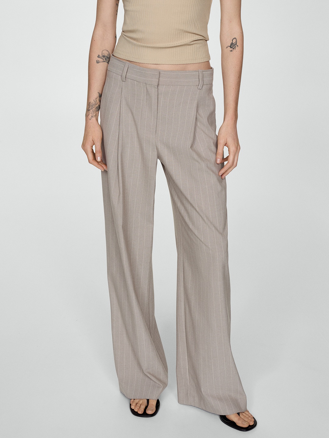 

MANGO Women Striped Trousers, Beige