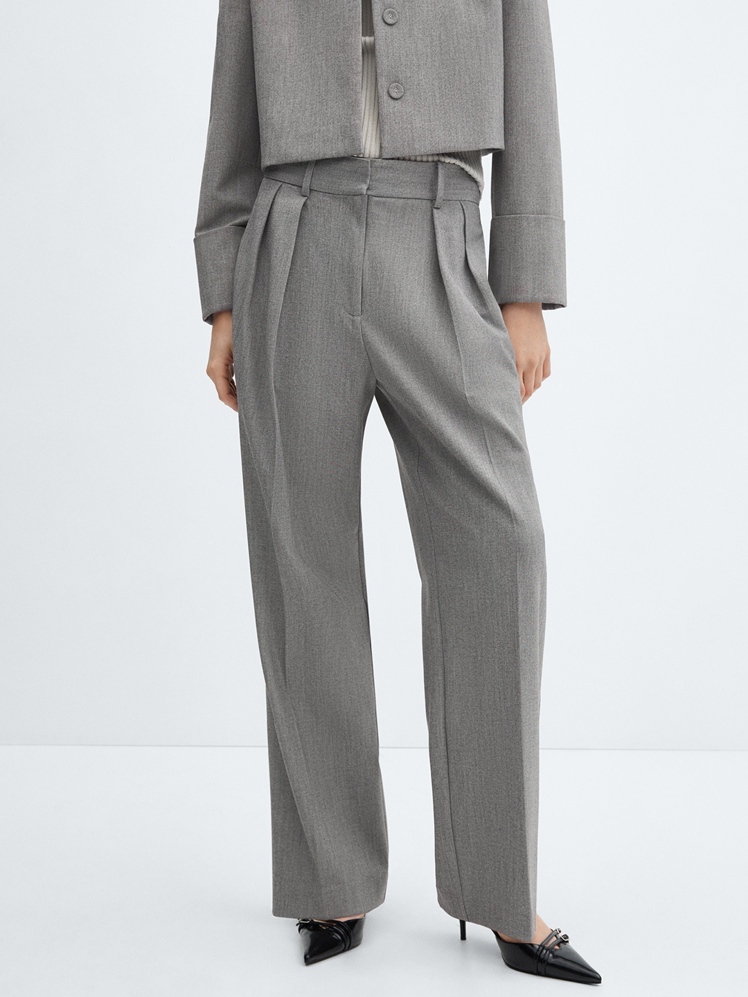 

MANGO Women Pleated Wide Leg Trousers, Grey