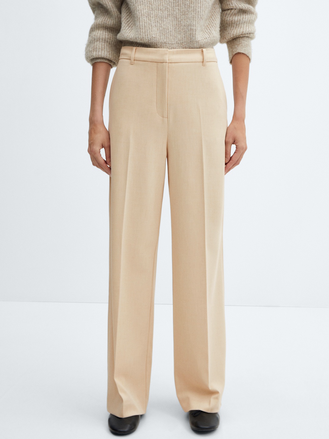

MANGO Women Mid-Rise Wideleg Trousers, Beige