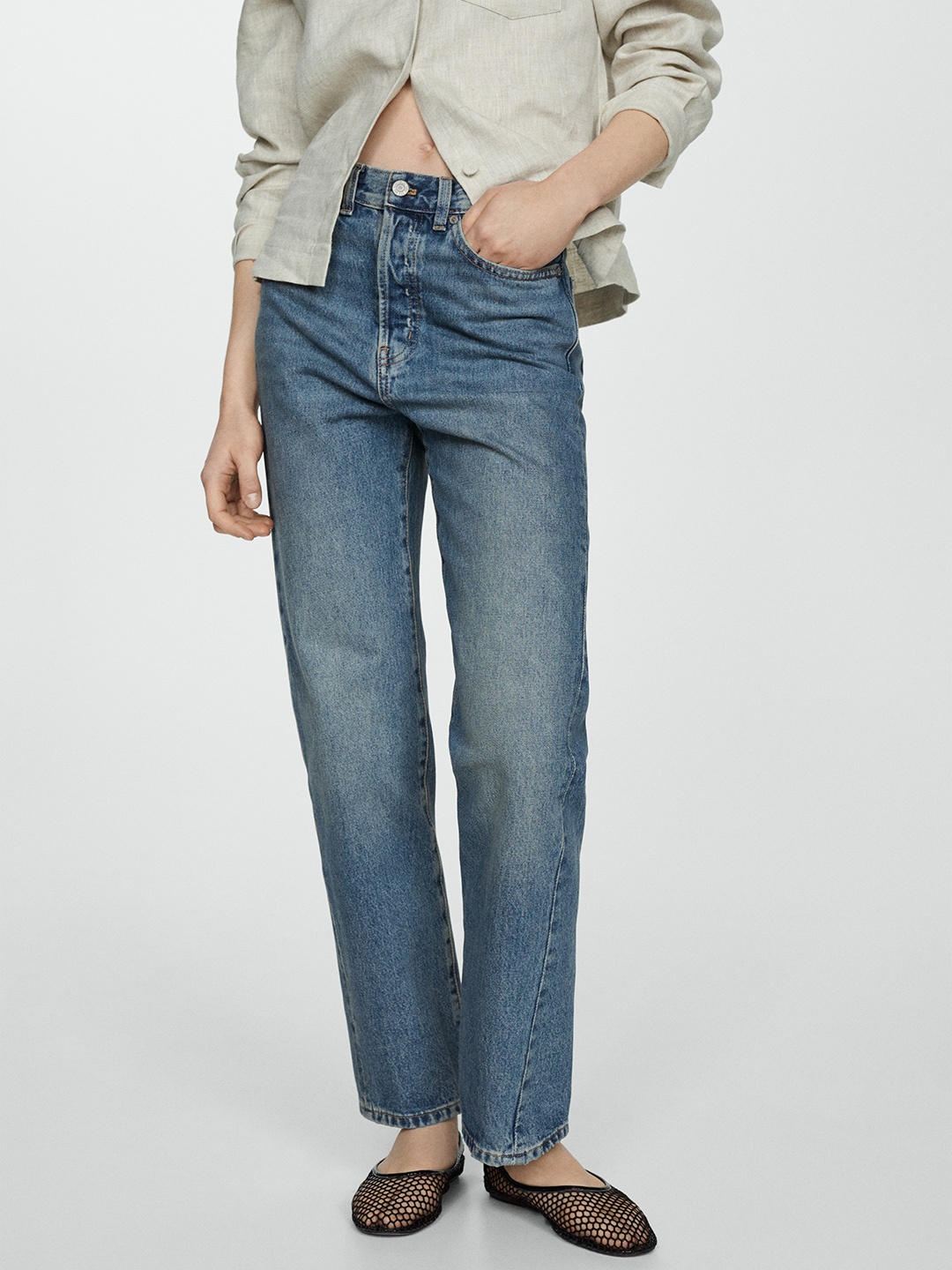 

MANGO Women Cotton Light Fade Jeans, Blue