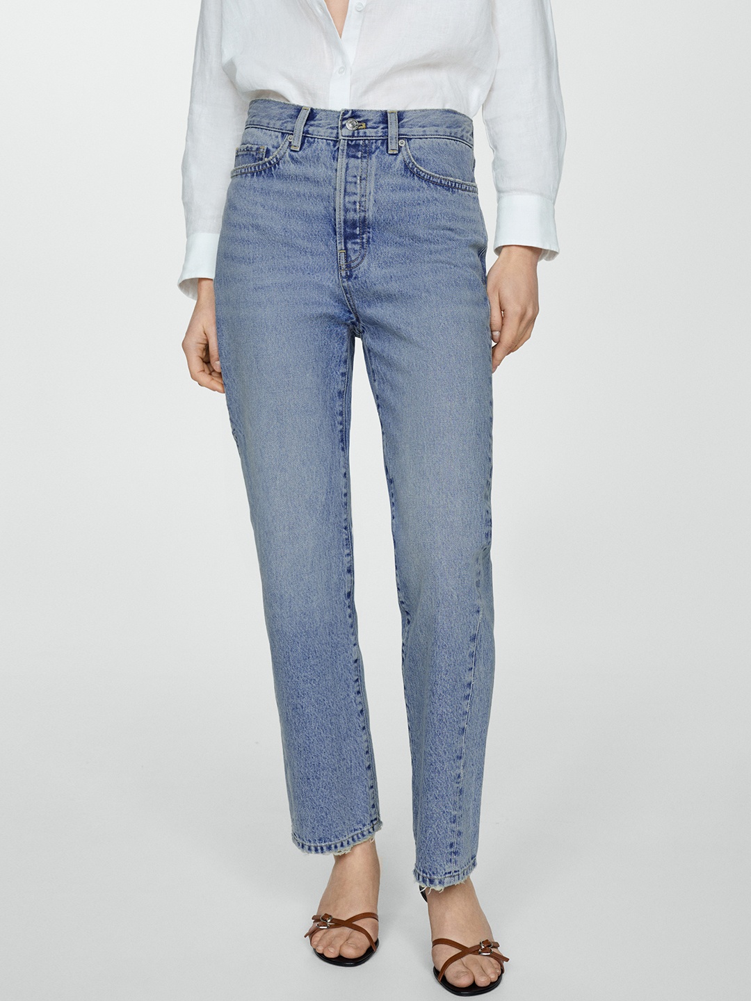 

MANGO Women Cotton High-Rise Light Fade Jeans, Blue