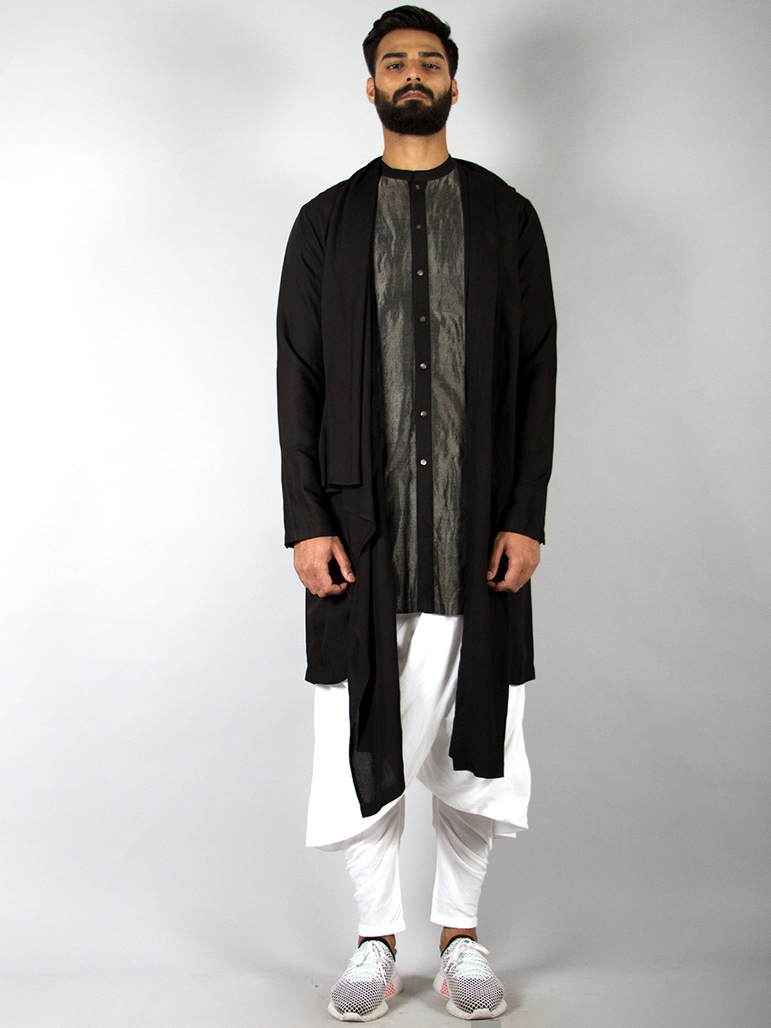 

Antar-Agni Kabir Zari Woven Design Linen Kurta with Criss Cross Salwar, Black