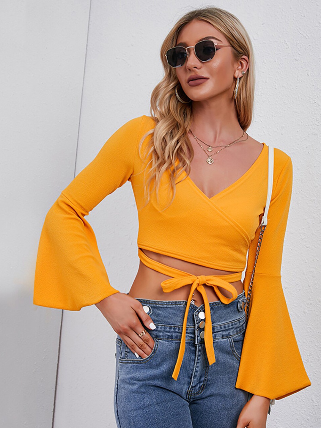 

JC Mode Bell Sleeve V-Neck Crop Top, Yellow