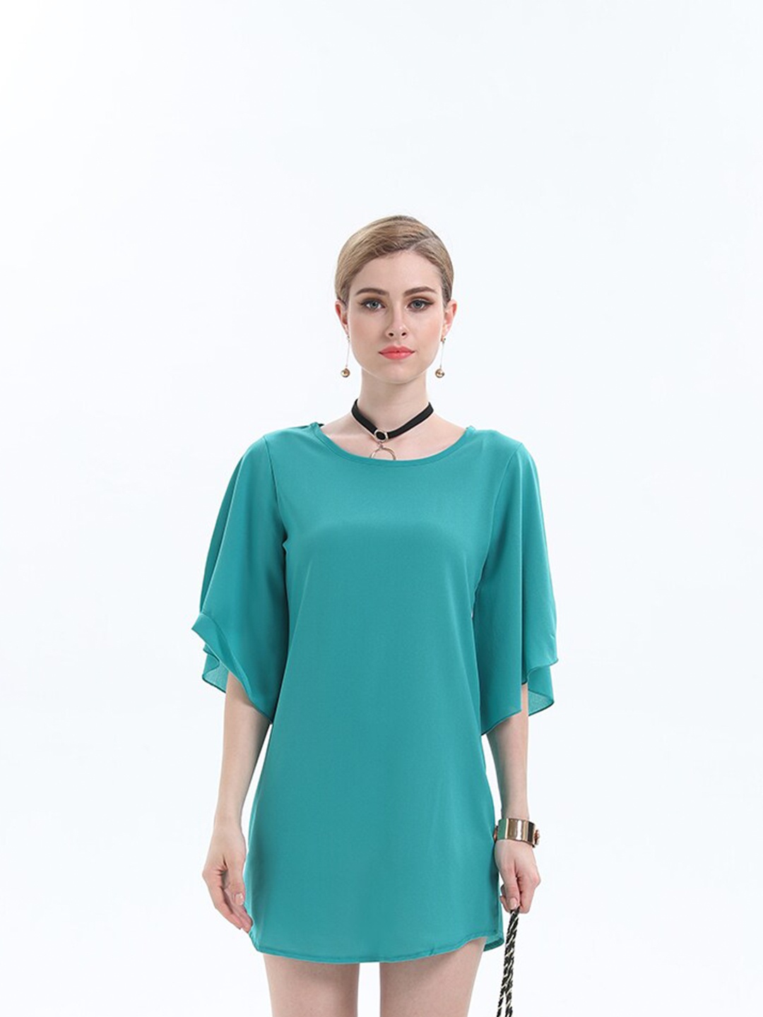 

JC Mode Flared Sleeves Longline Top, Green