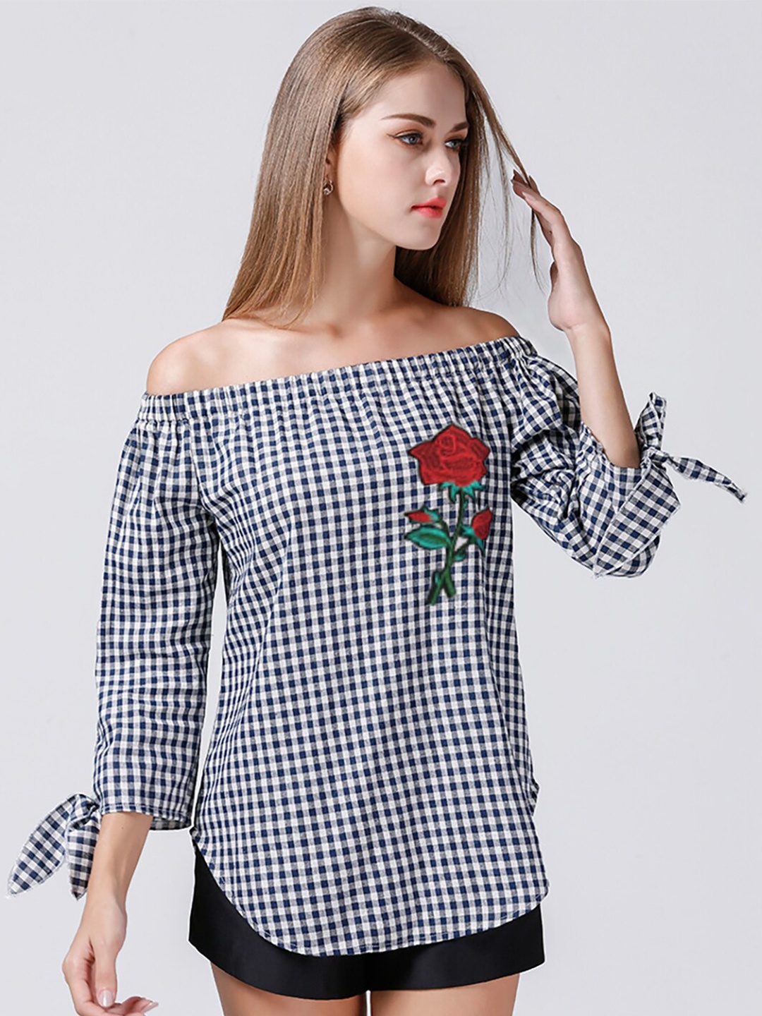 

JC Mode Checked Off-Shoulder Bardot Top, Black