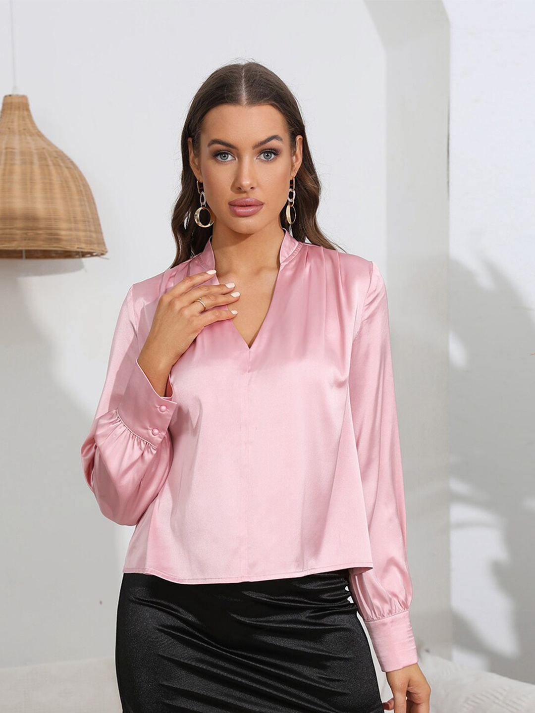 

JC Mode Mandarin Collar Cuffed Sleeve Top, Pink