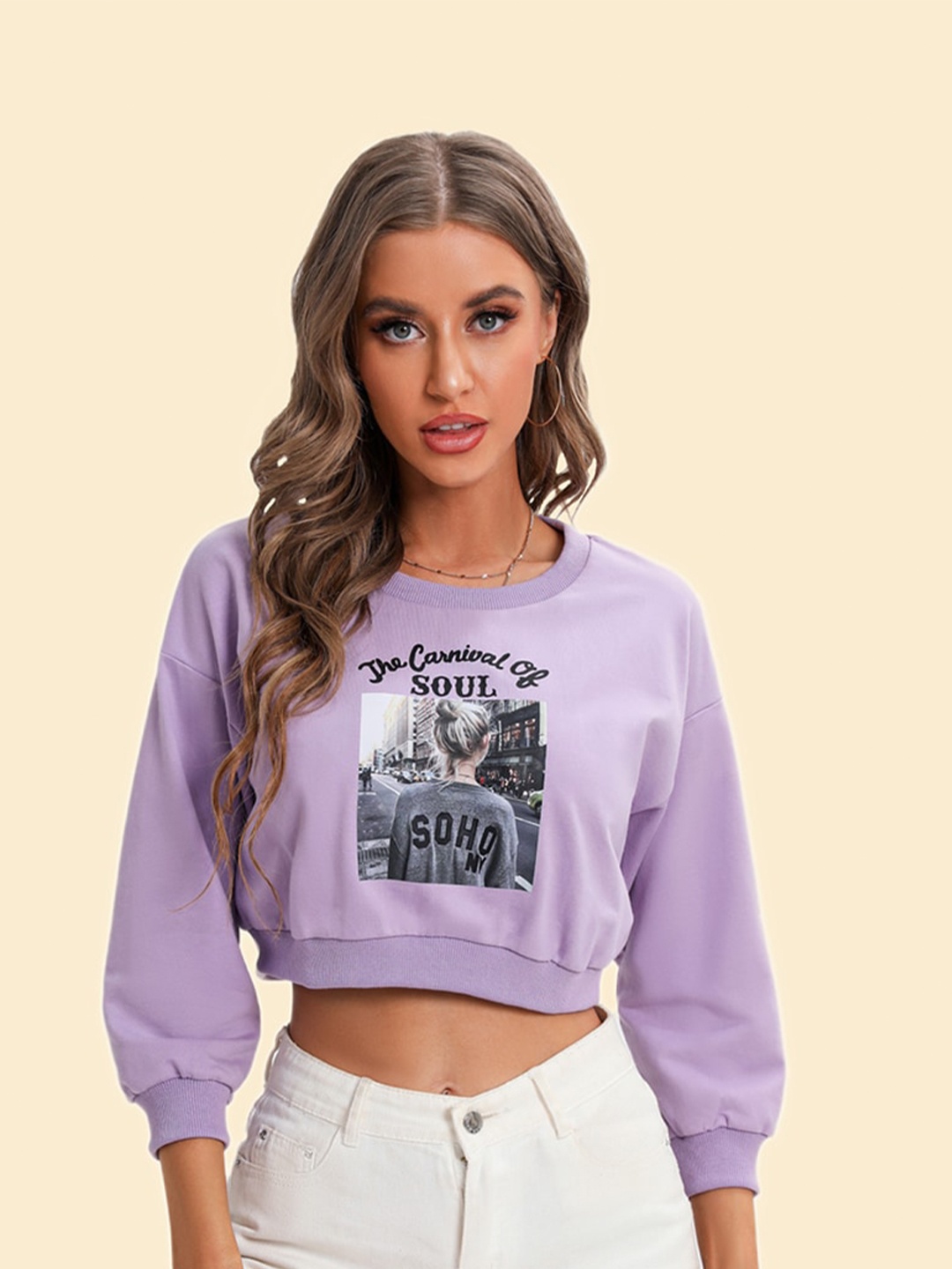 

JC Mode Graphic Printed Drop Shoulder Sleeves Crop Top, Purple