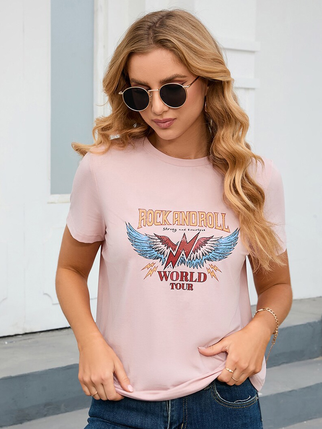 

JC Mode Graphic Print Regular Fit Tshirt, Pink