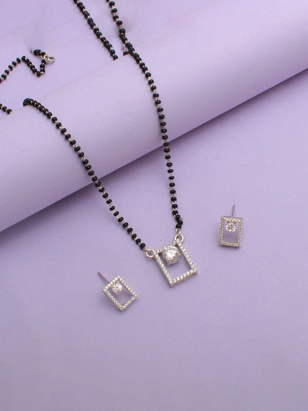 

Mirana 925 Silver Rhodium-Plated Studded and Beaded Mangalsutra