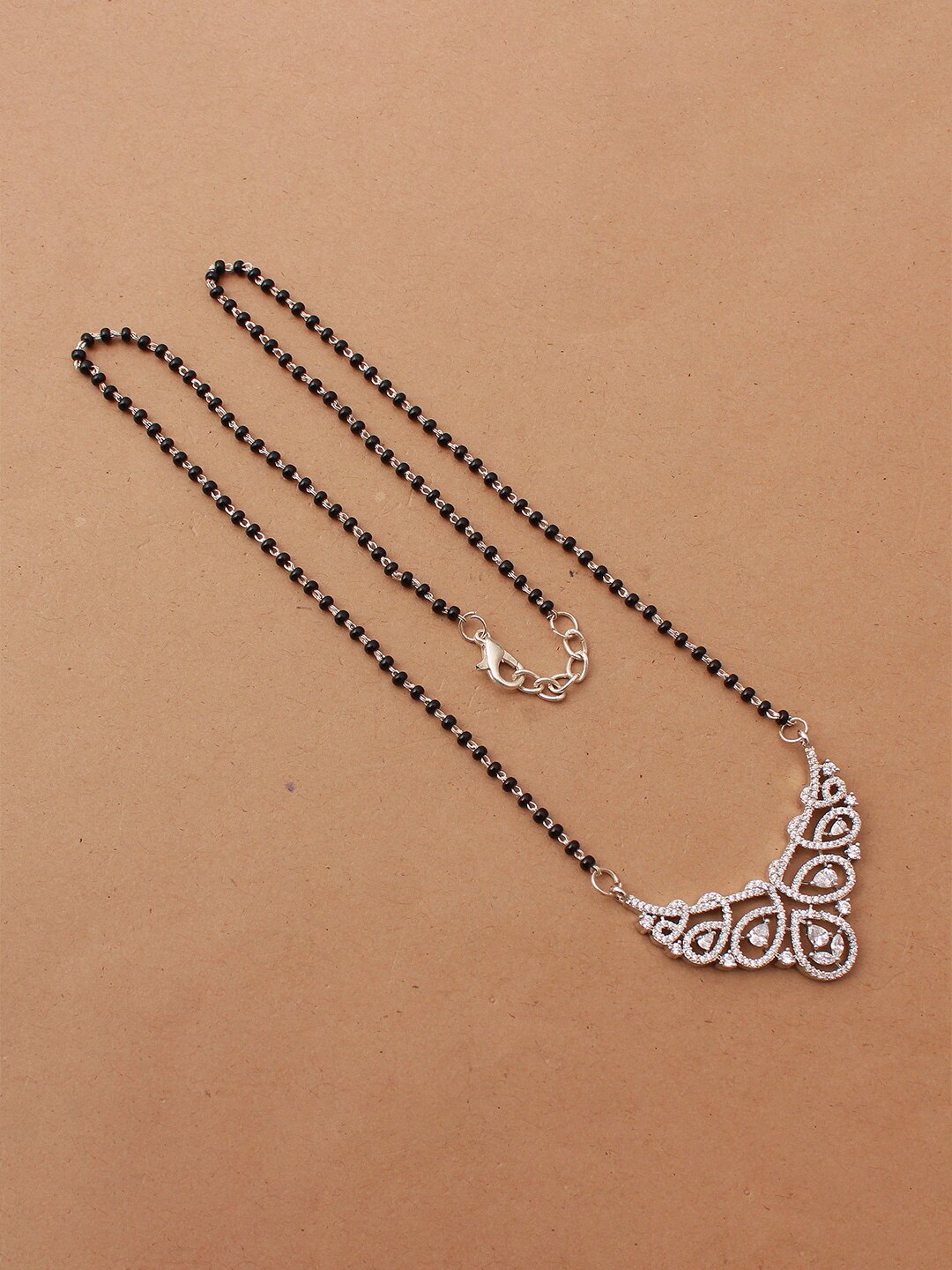 

Mirana Rhodium-Plated Stone Studded and Beaded Mangalsutra, Silver