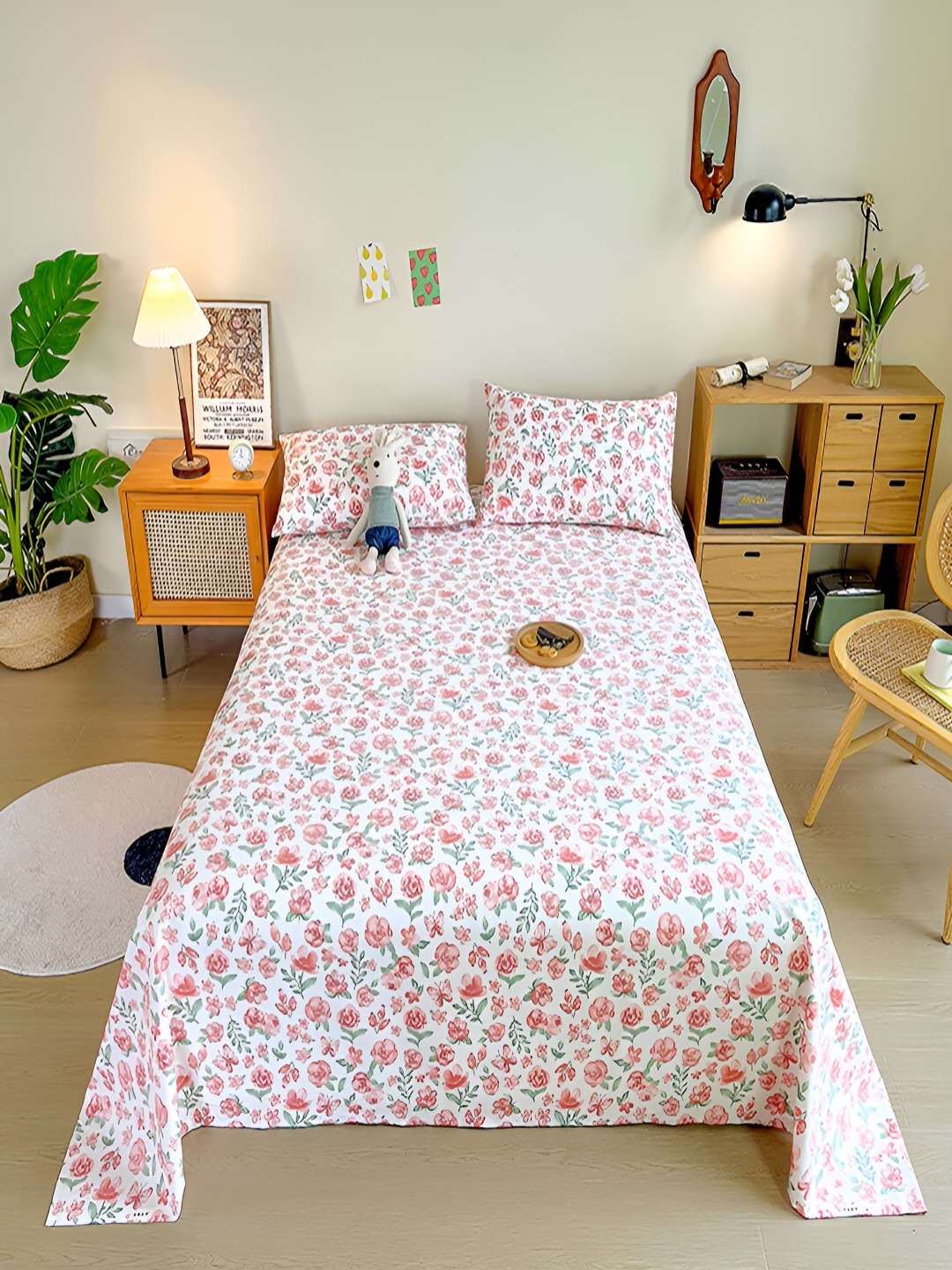 

JC HOME White & Peach Printed 200 TC Cotton Queen Bedsheet with 2 Pillow Covers
