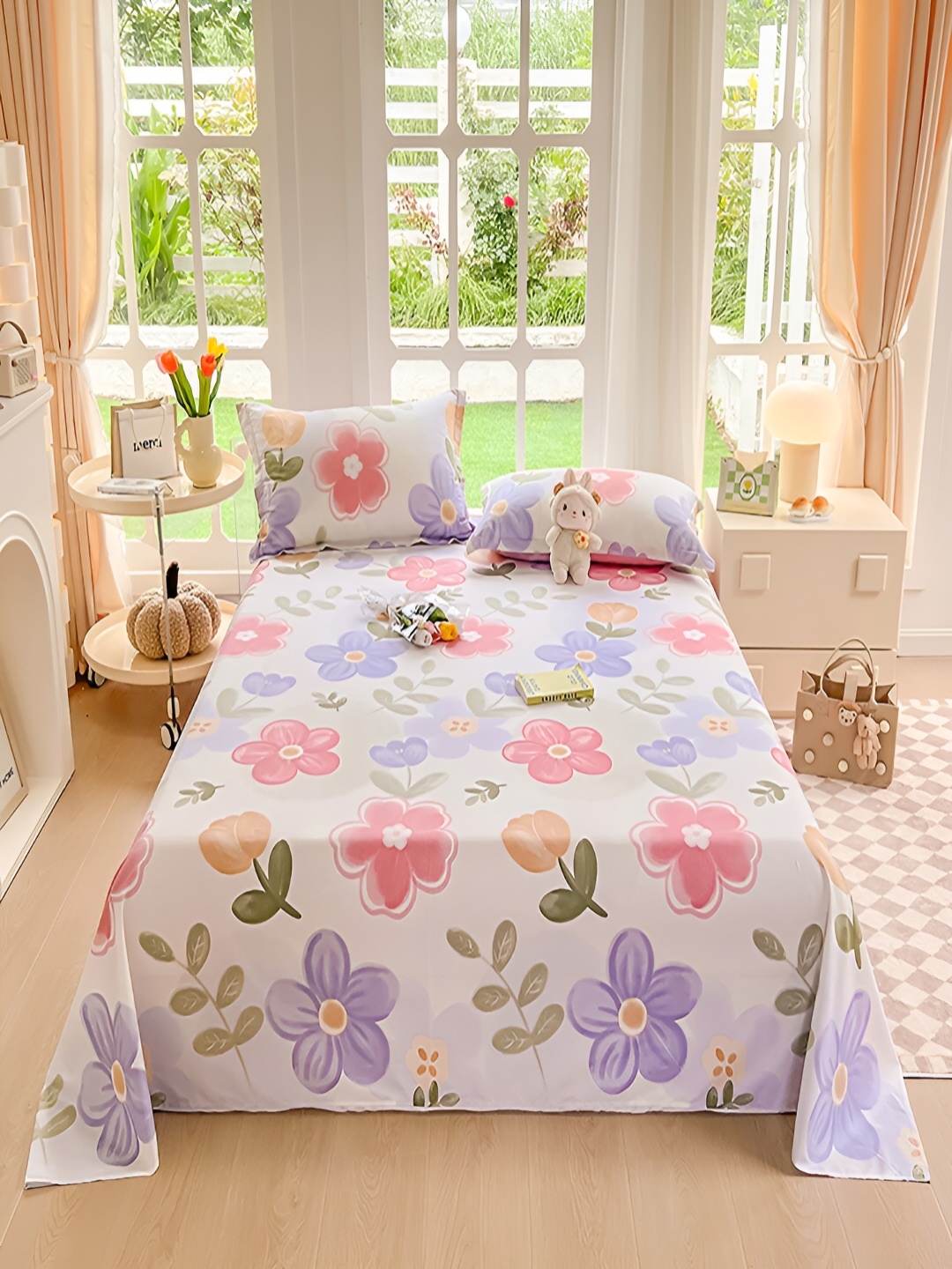 

JC HOME White & Purple Floral Cotton 200 TC King Bedsheet with 2 Pillow Covers