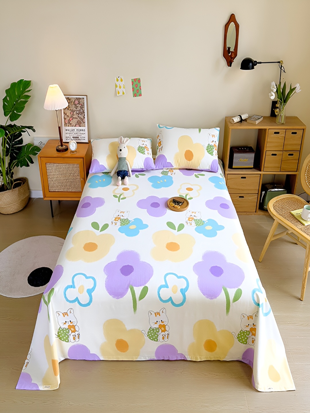 

JC HOME White & Purple Floral Cotton 200 TC Single Bedsheet with Pillow Covers