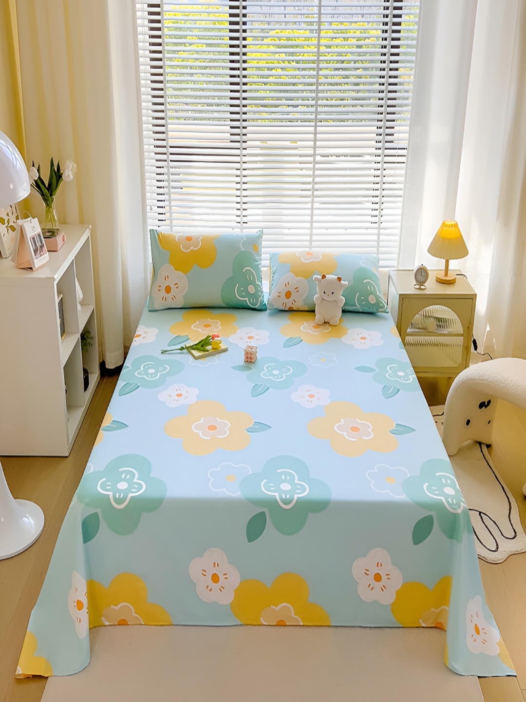 

JC HOME Blue & Yellow Floral Cotton 210 TC Single Bedsheet With 2 Pillow Covers