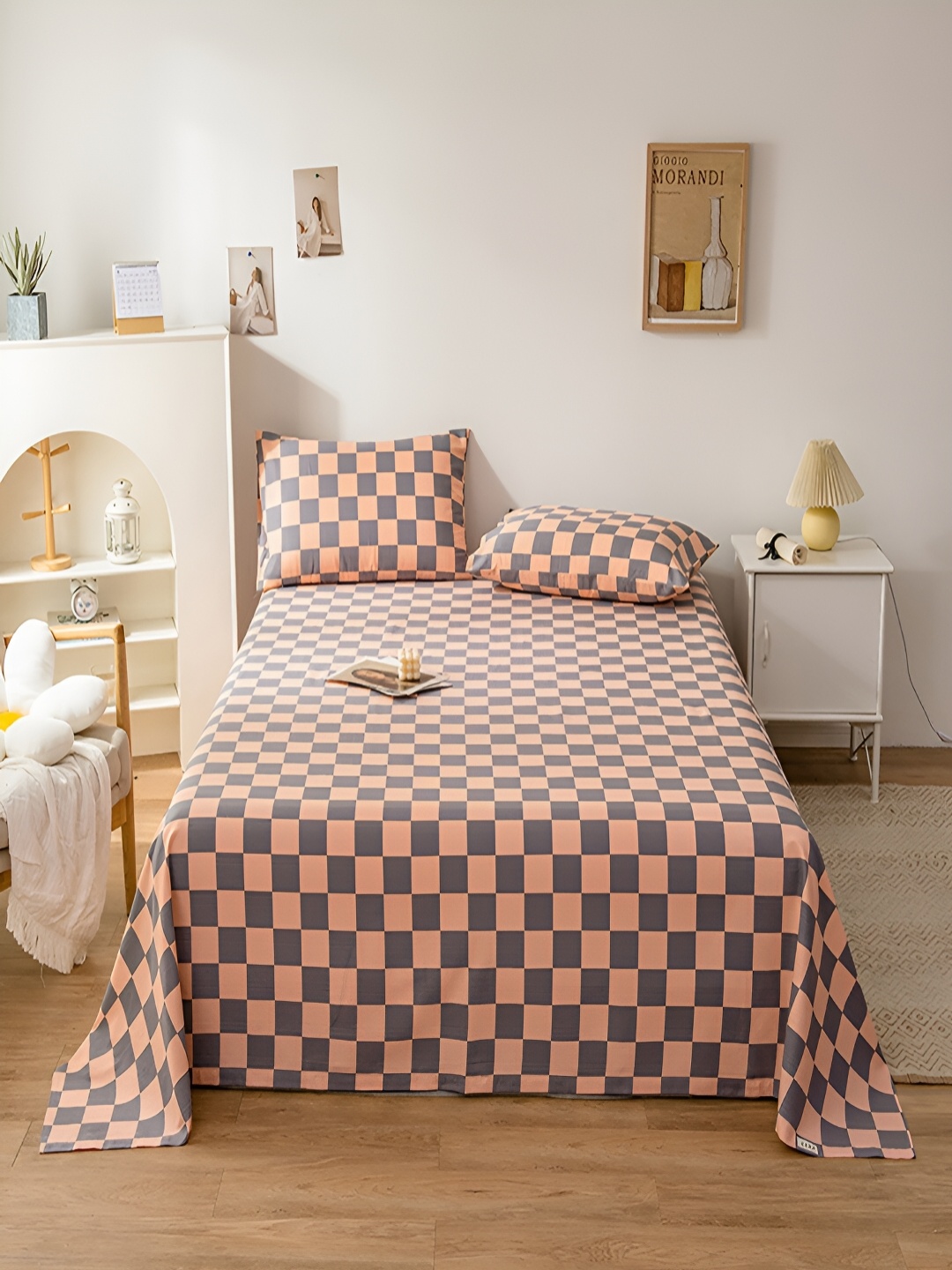 

JC HOME Peach-Coloured & Grey Geometric 200 TC Single Bedsheet with 1 Pillow Covers