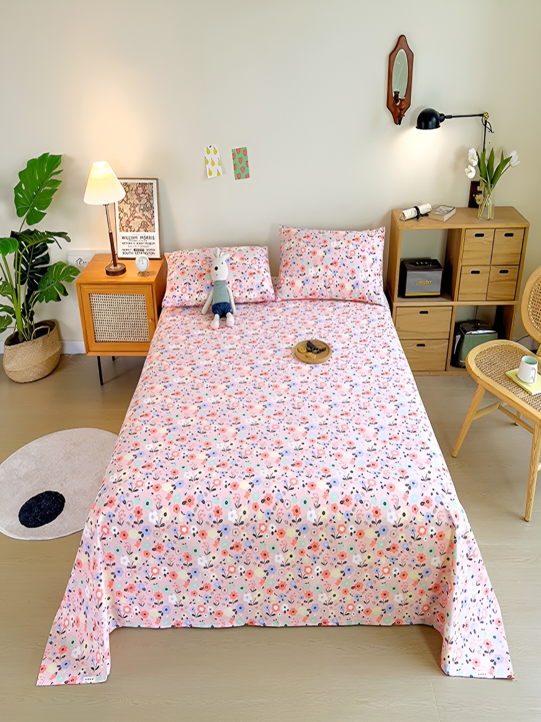 

JC HOME Pink & Blue Floral Printed 200 TC King Bedsheet with 2 Pillow Covers