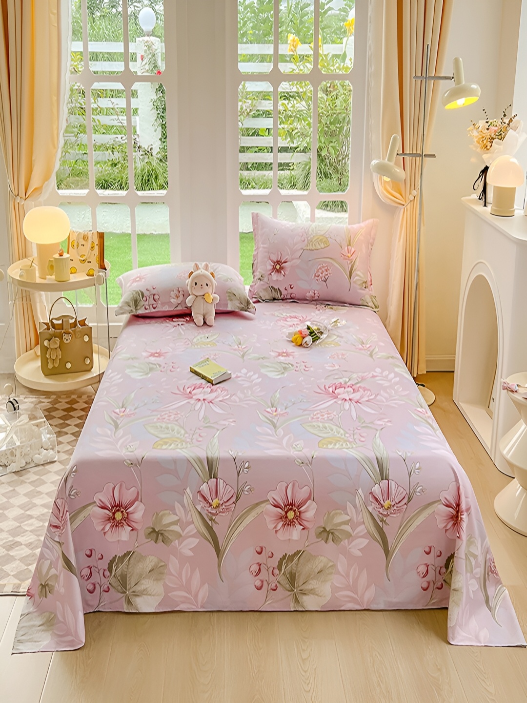

JC HOME Pink & Green Floral 200 TC Cotton King Bedsheet With 2 Pillow Covers