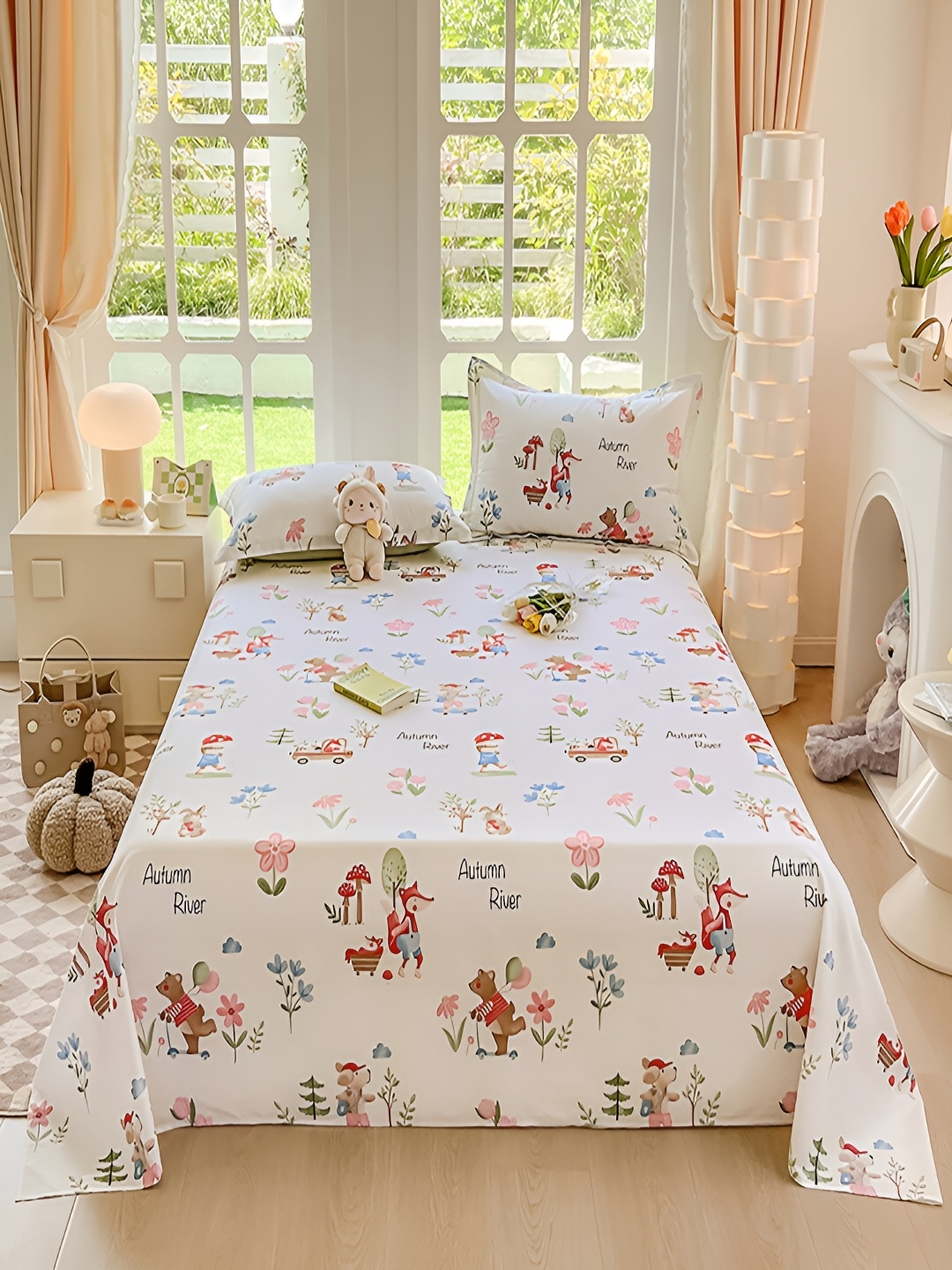 

JC HOME White & Pink Floral Cotton 200 TC Queen Bedsheet With 2 Pillow Covers