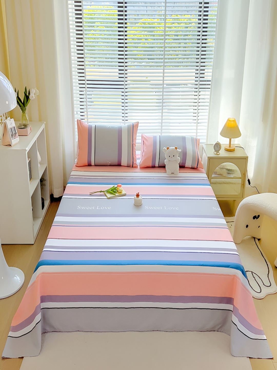 

JC HOME Grey & Pink Striped 210 TC Cotton Queen Bedsheet with 2 Pillow Covers