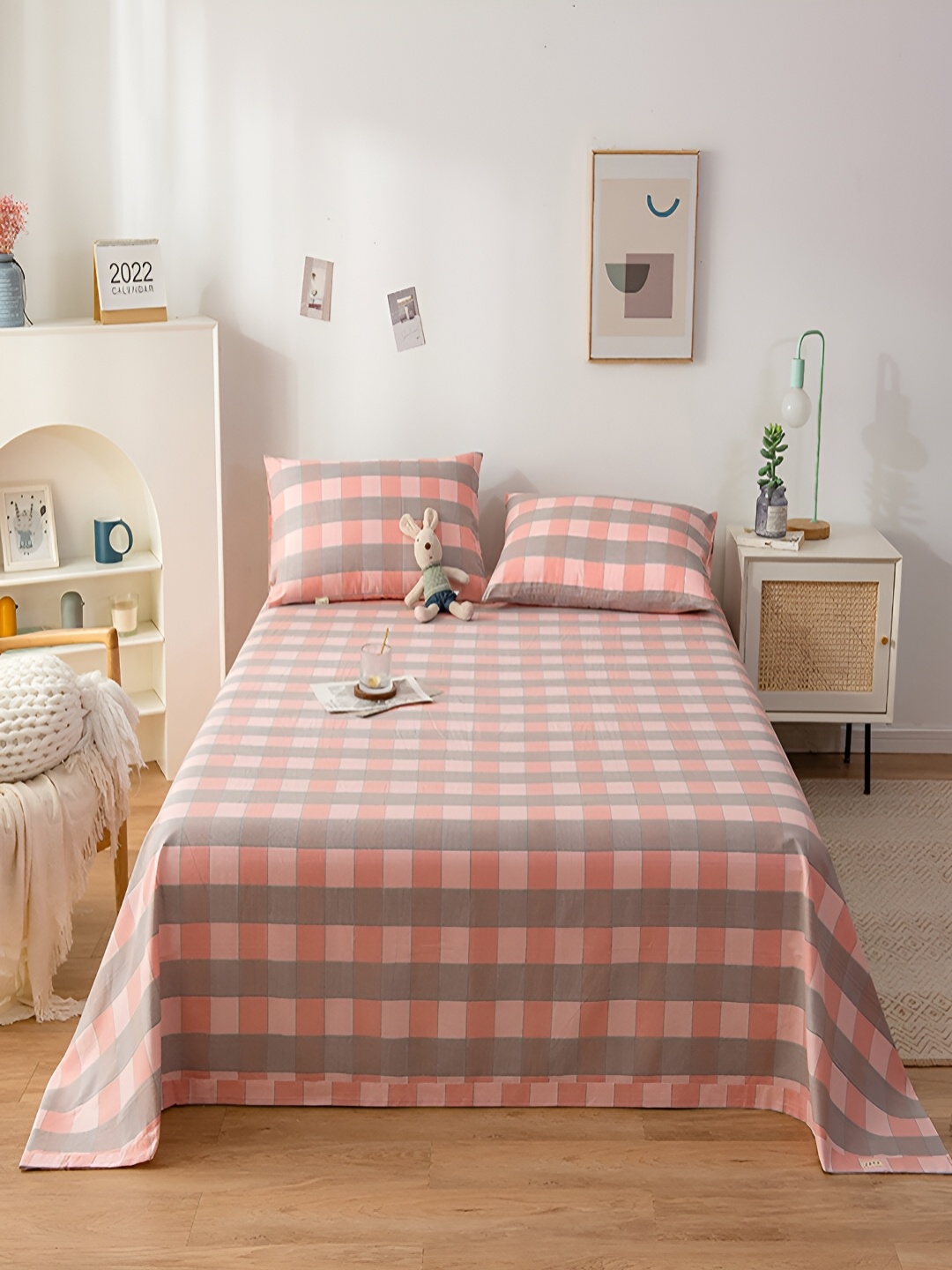 

JC HOME Pink & Grey Geometric 200 TC Cotton Single Bedsheet with 1 Pillow Covers