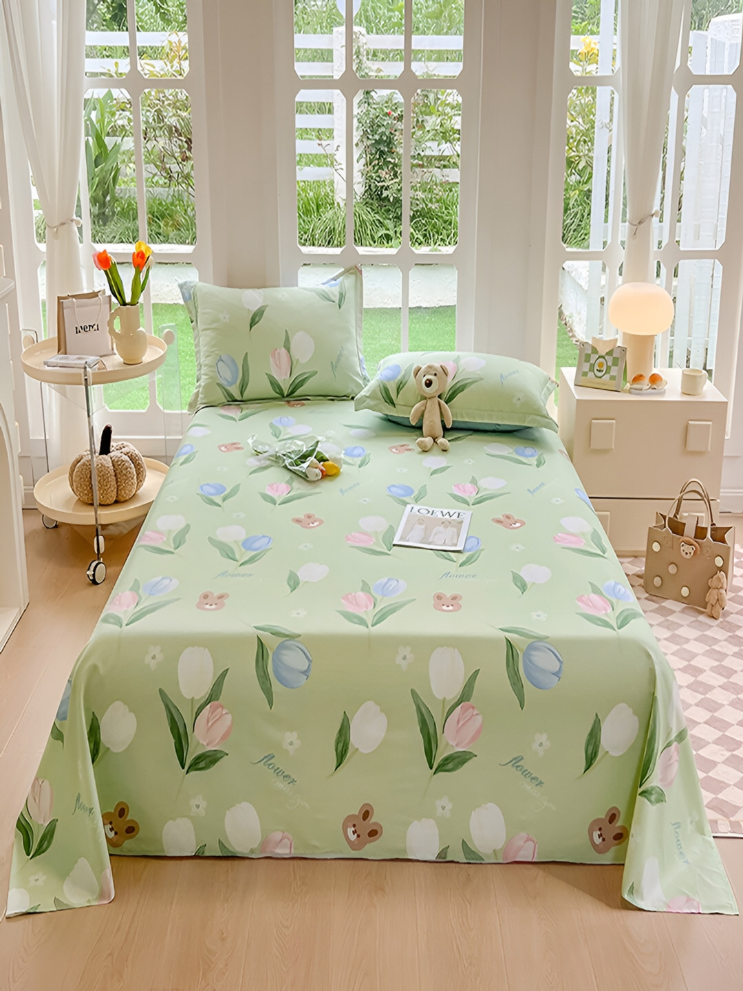 

JC HOME Green Floral Printed Cotton 200 TC Queen Bedsheet with 2 Pillow Covers