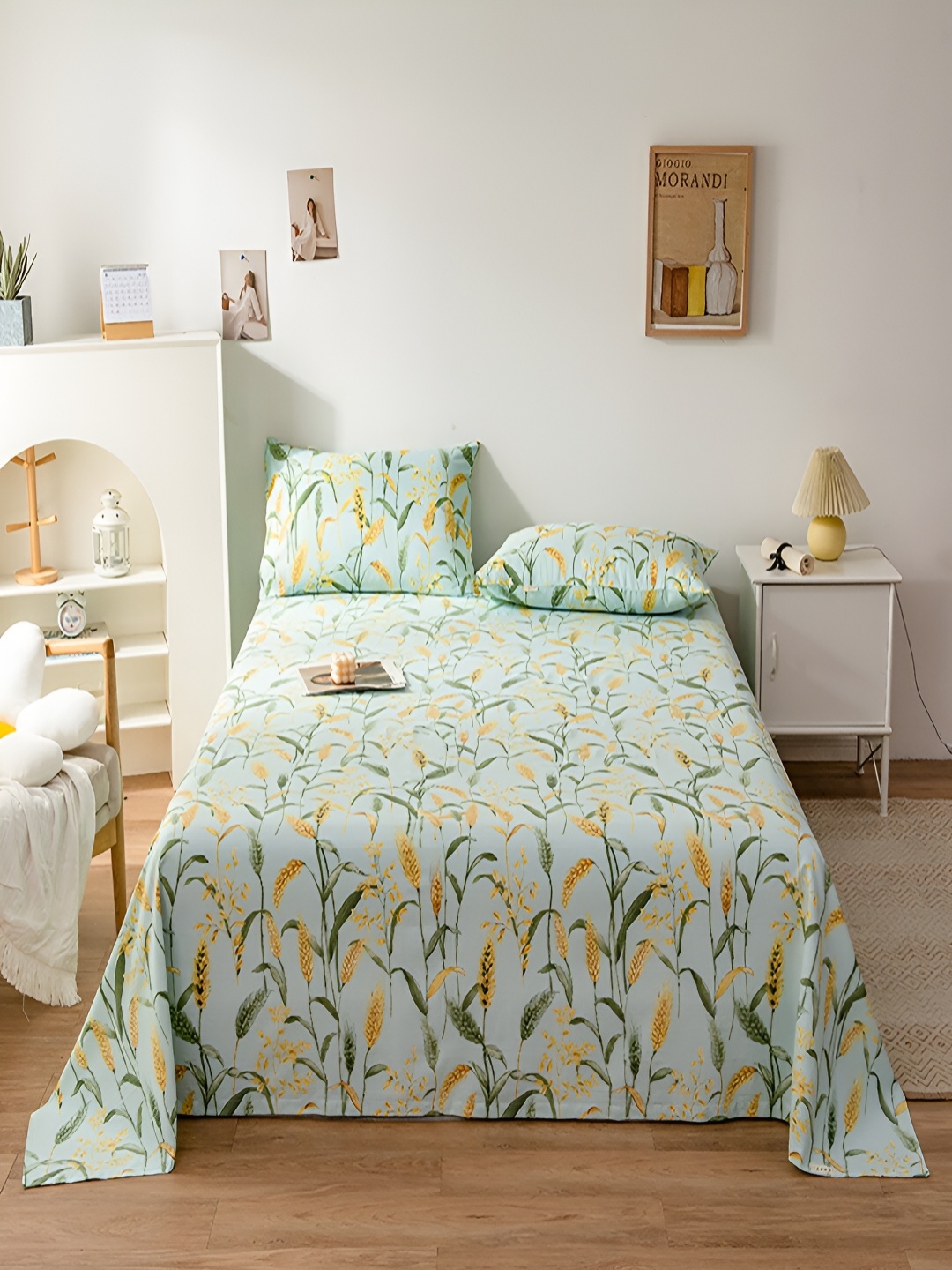 

JC HOME Green & Yellow Floral Cotton 200 TC Single Bedsheet With 2 Pillow Covers