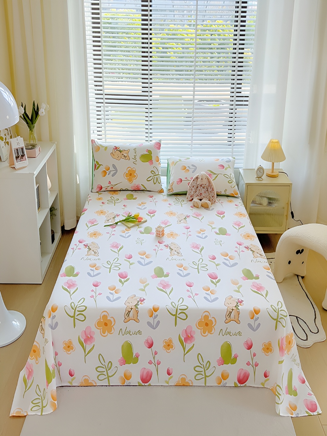 

JC HOME White & Orange Floral Cotton 210 TC Single Bedsheet with 1 Pillow Covers