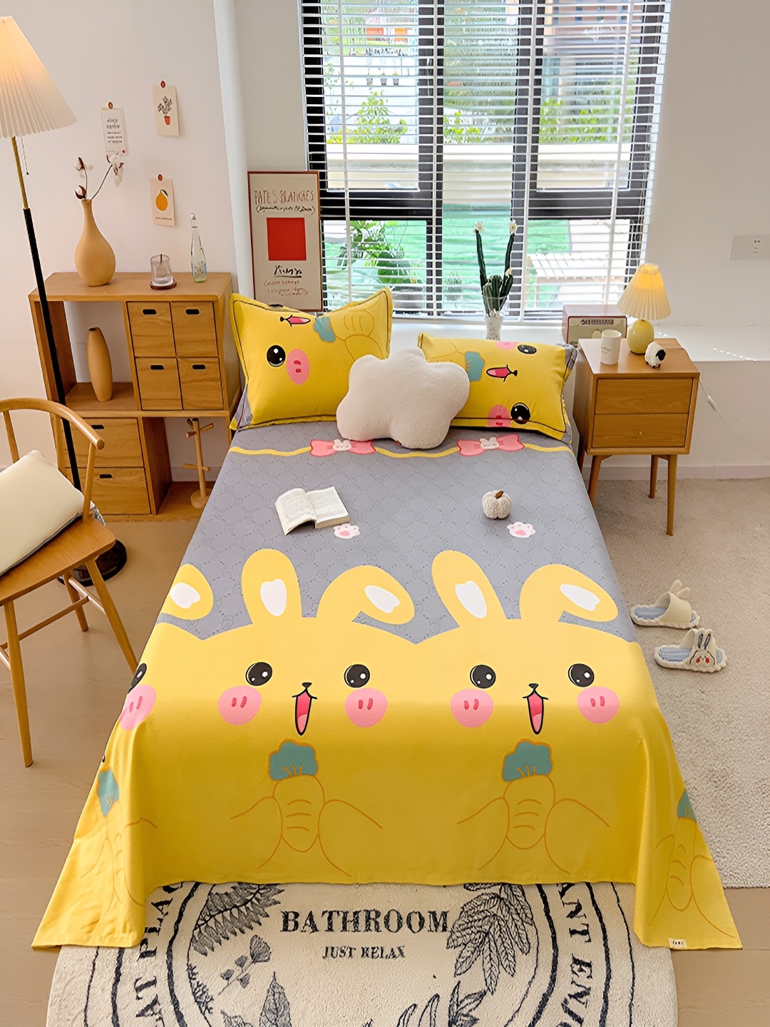 

JC HOME Yellow & Grey Printed 210 TC Cotton King Bedsheet with 2 Pillow Covers