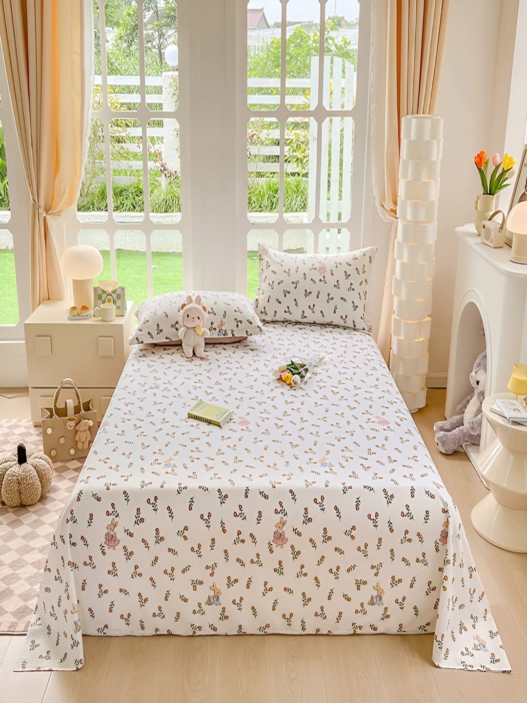 

JC HOME White & Orange Printed 200 TC King Bedsheet with 2 Pillow Covers