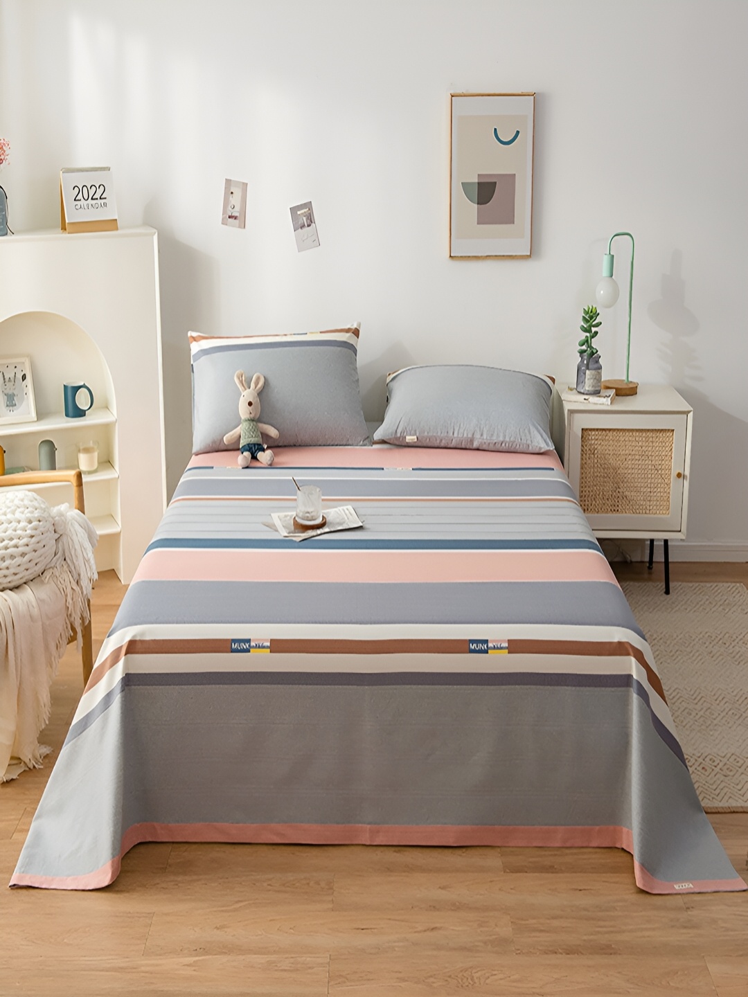 

JC HOME Grey & Pink Striped 200 TC Cotton Queen Bedsheet with 2 Pillow Covers