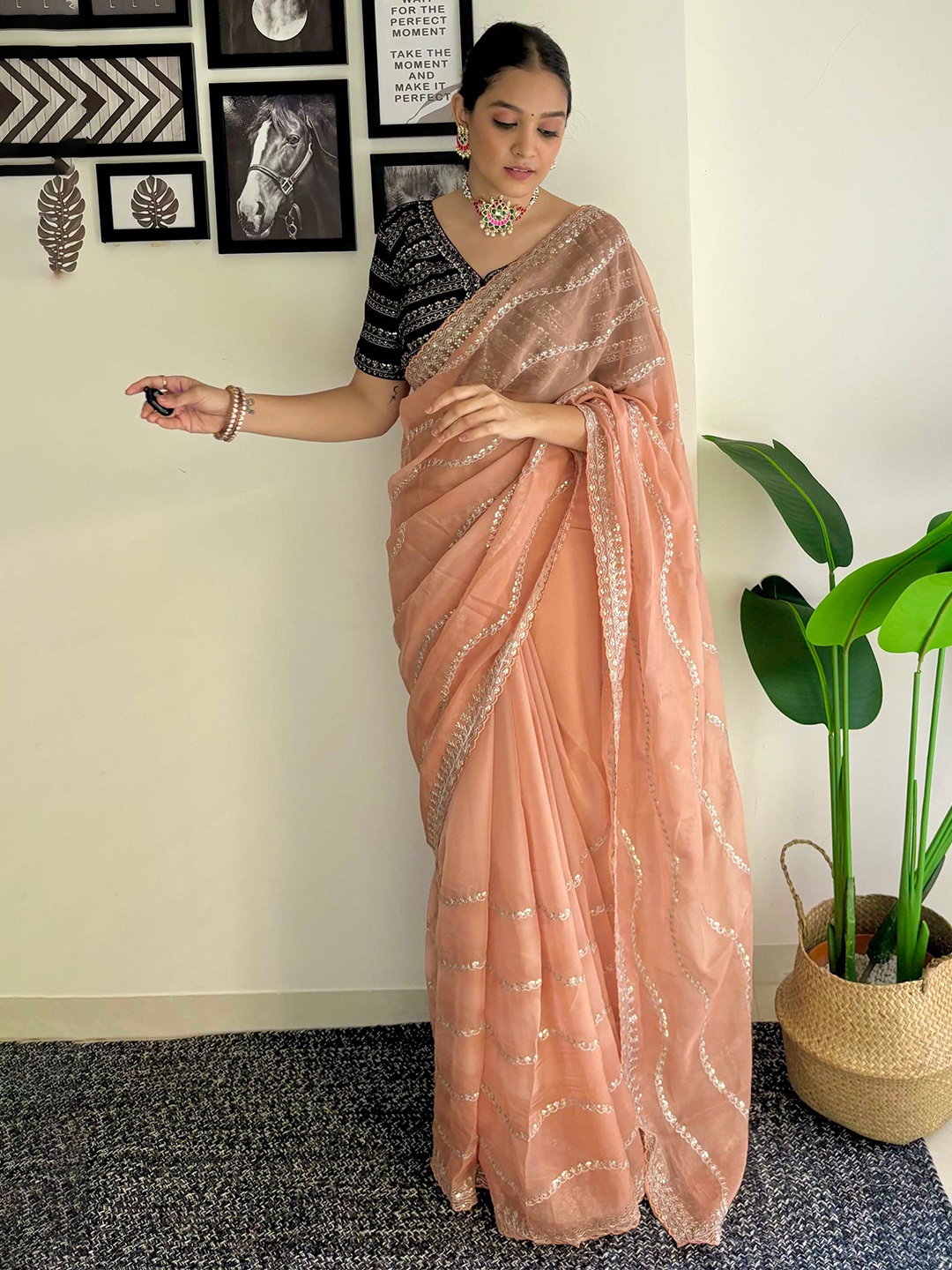 

Mitera Peach-Coloured Embellished Sequinned Organza Saree