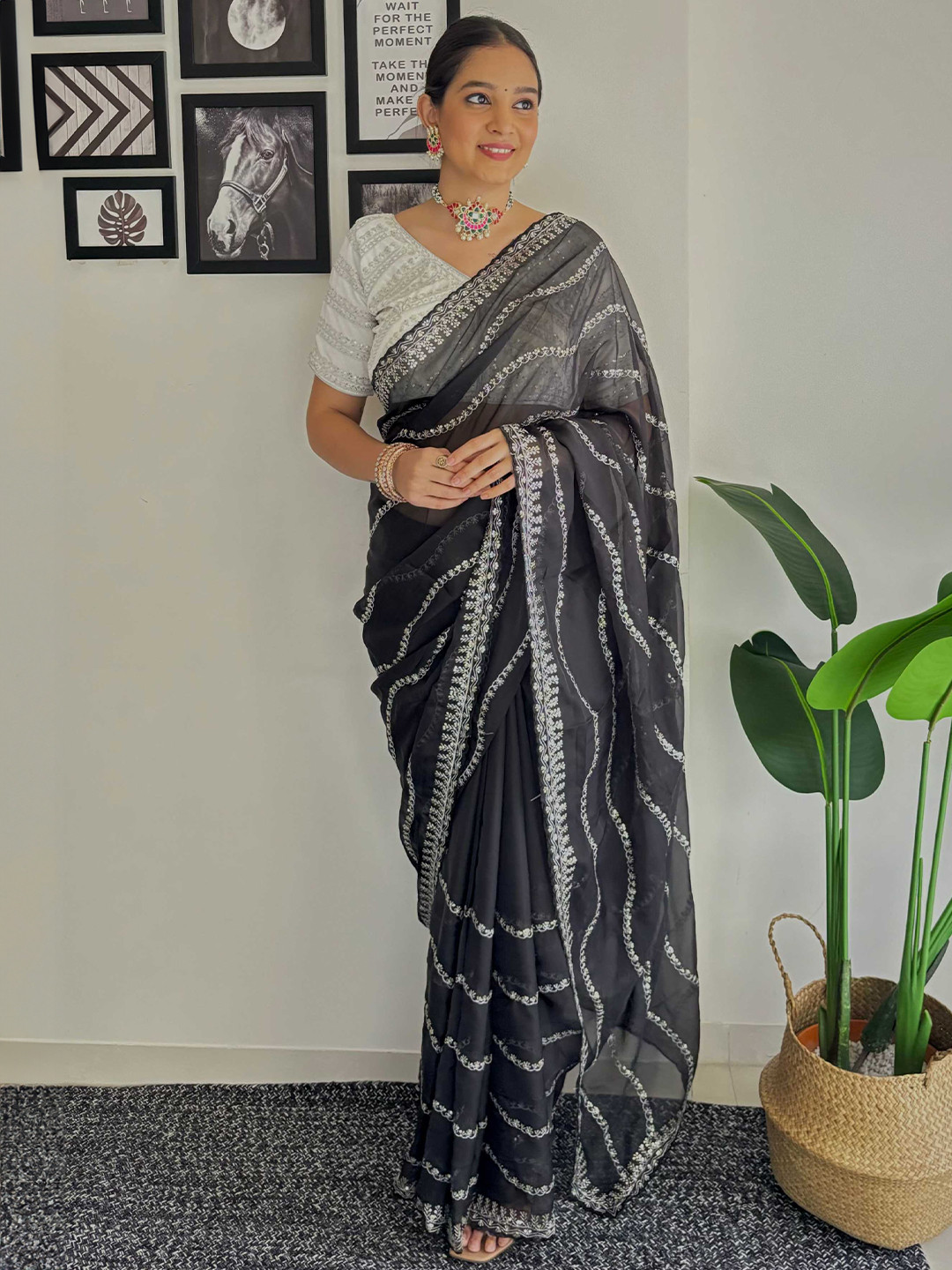 

Mitera Black Floral Embroidered Saree
