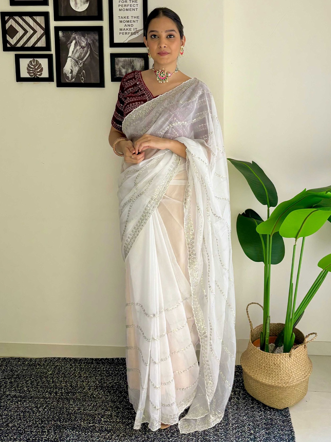 

Mitera White Embellished Sequinned Organza Saree