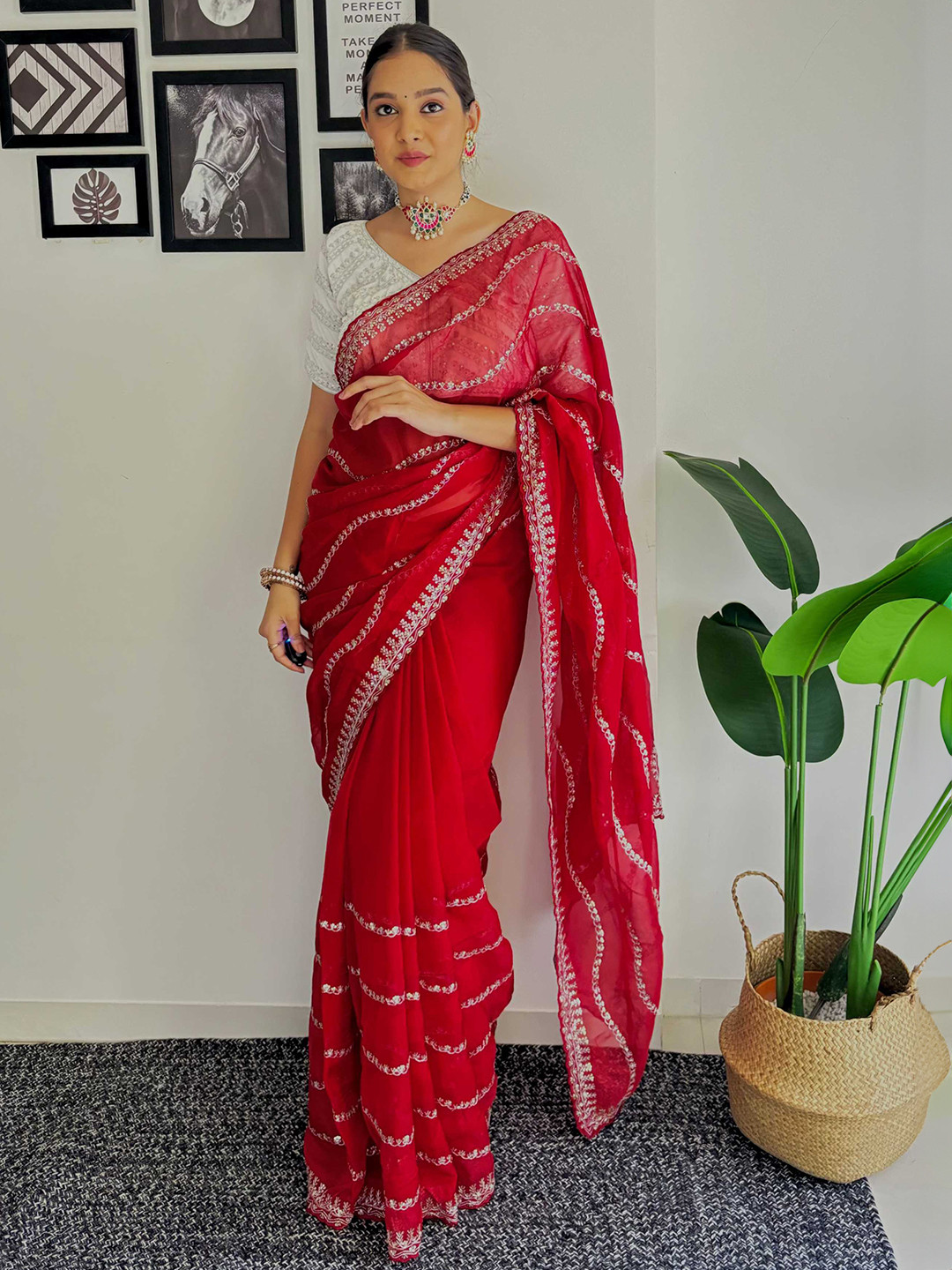 

Mitera Red Embellished Sequinned Organza Saree