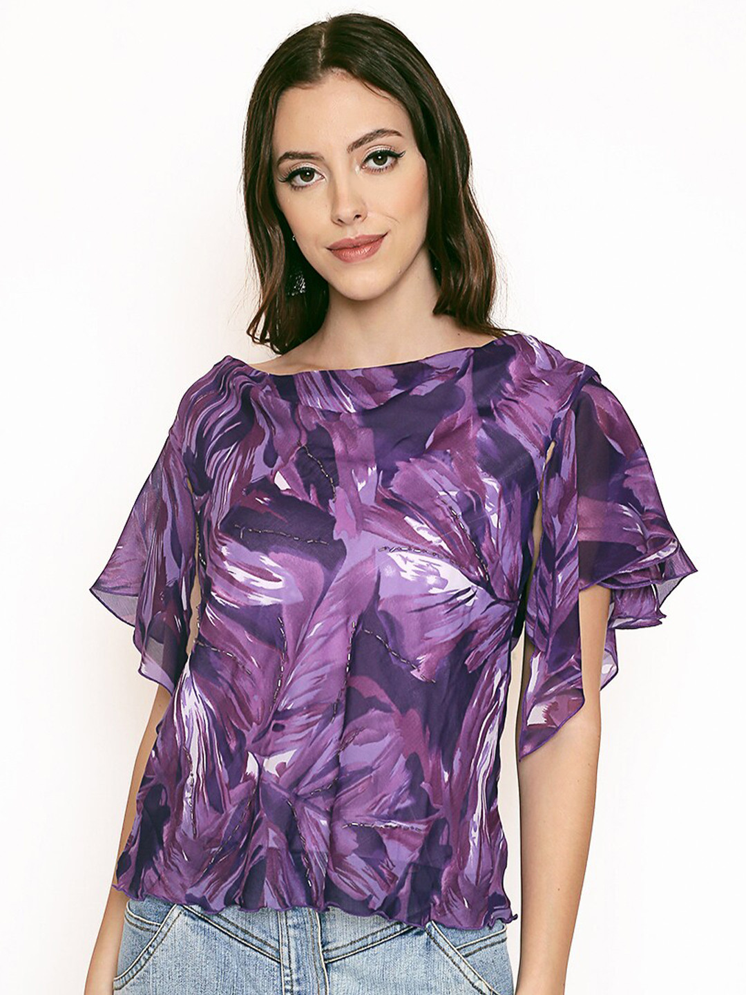 

250 DESIGNS Floral Printed Boat Neck Flutter Sleeves Top, Purple