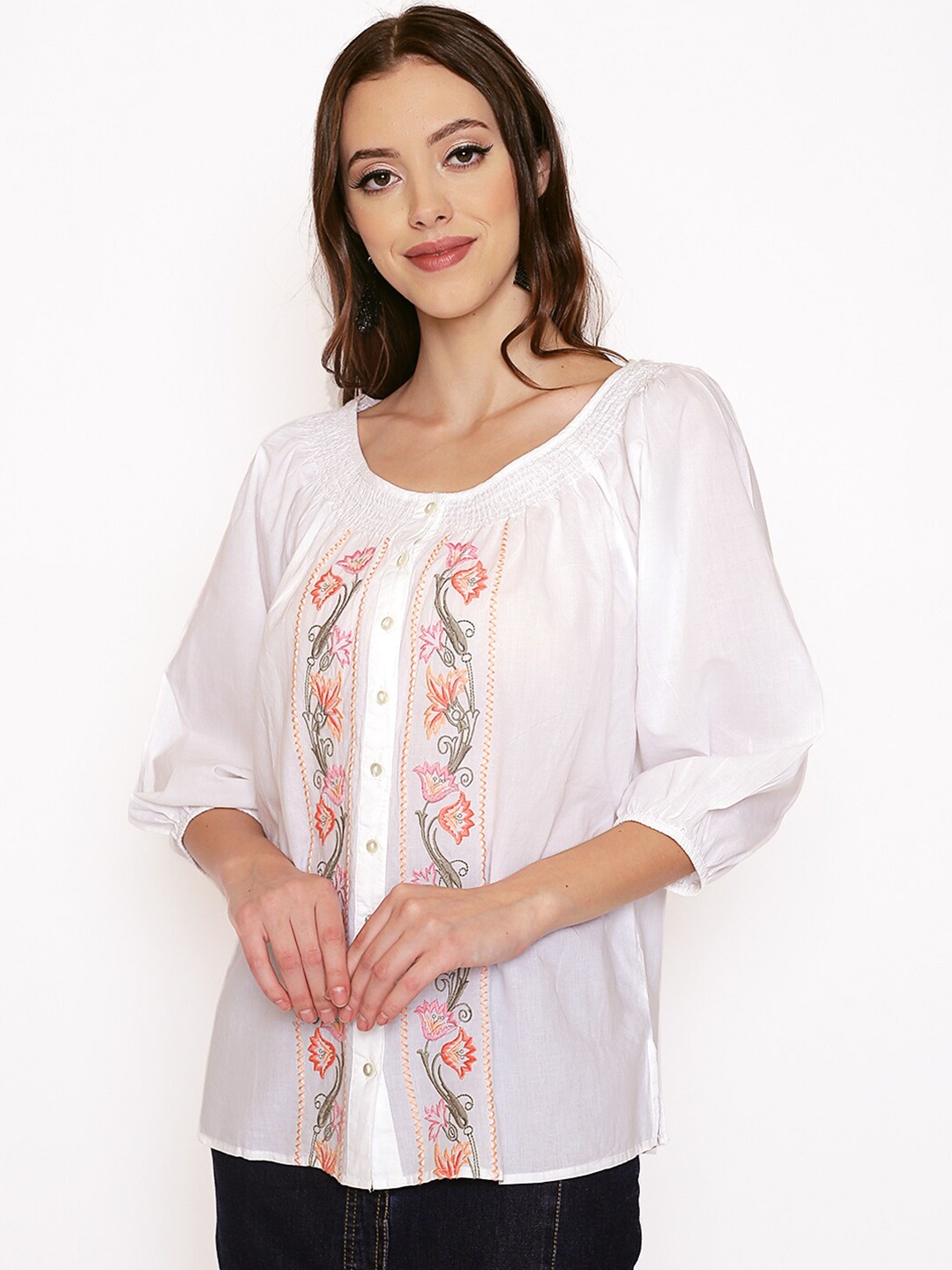 

250 DESIGNS Floral Embroidered Puff Sleeves Pure Cotton Top, White