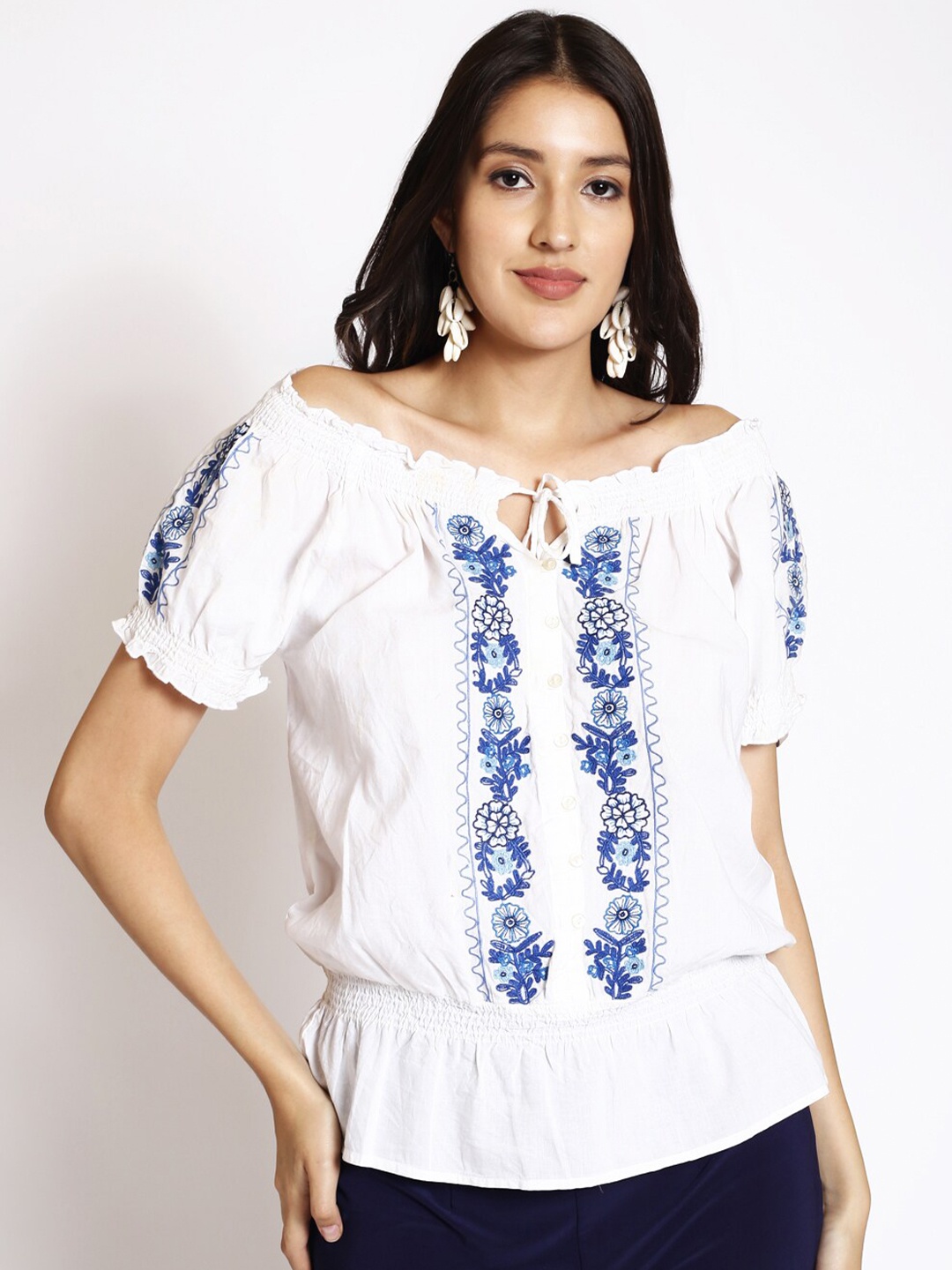

250 DESIGNS Floral Embroidered Off-Shoulder Puff Sleeves Pure Cotton Bardot Top, White