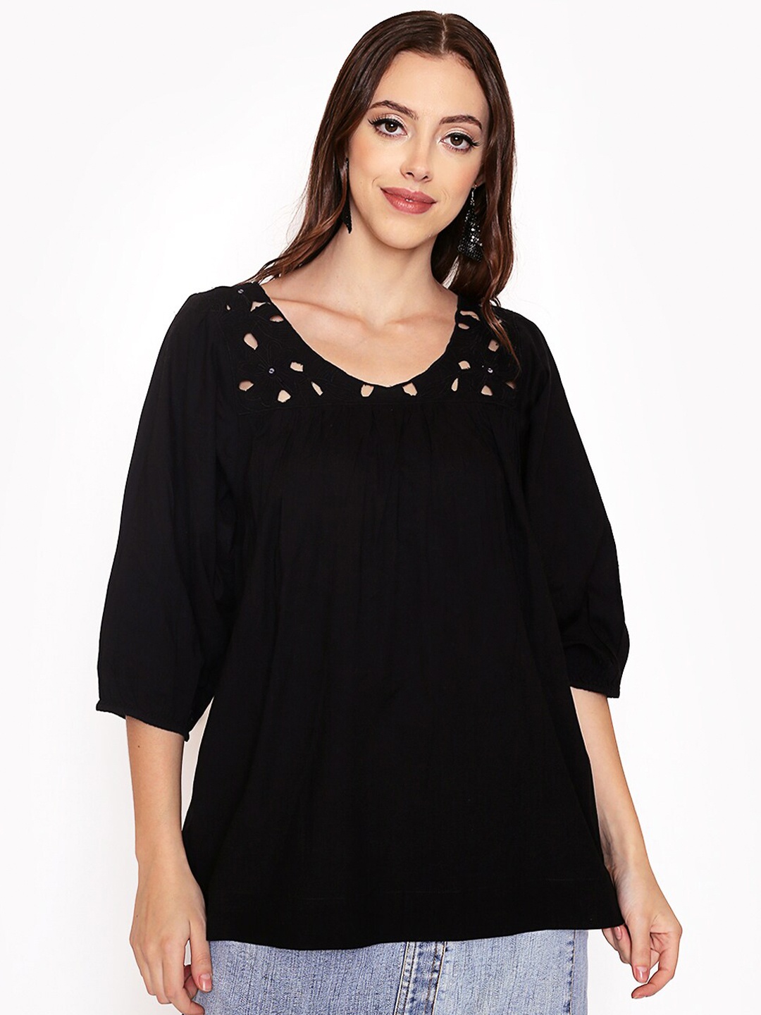 

250 DESIGNS Cut-Out Detailed Puff Sleeves Pure Cotton Top, Black