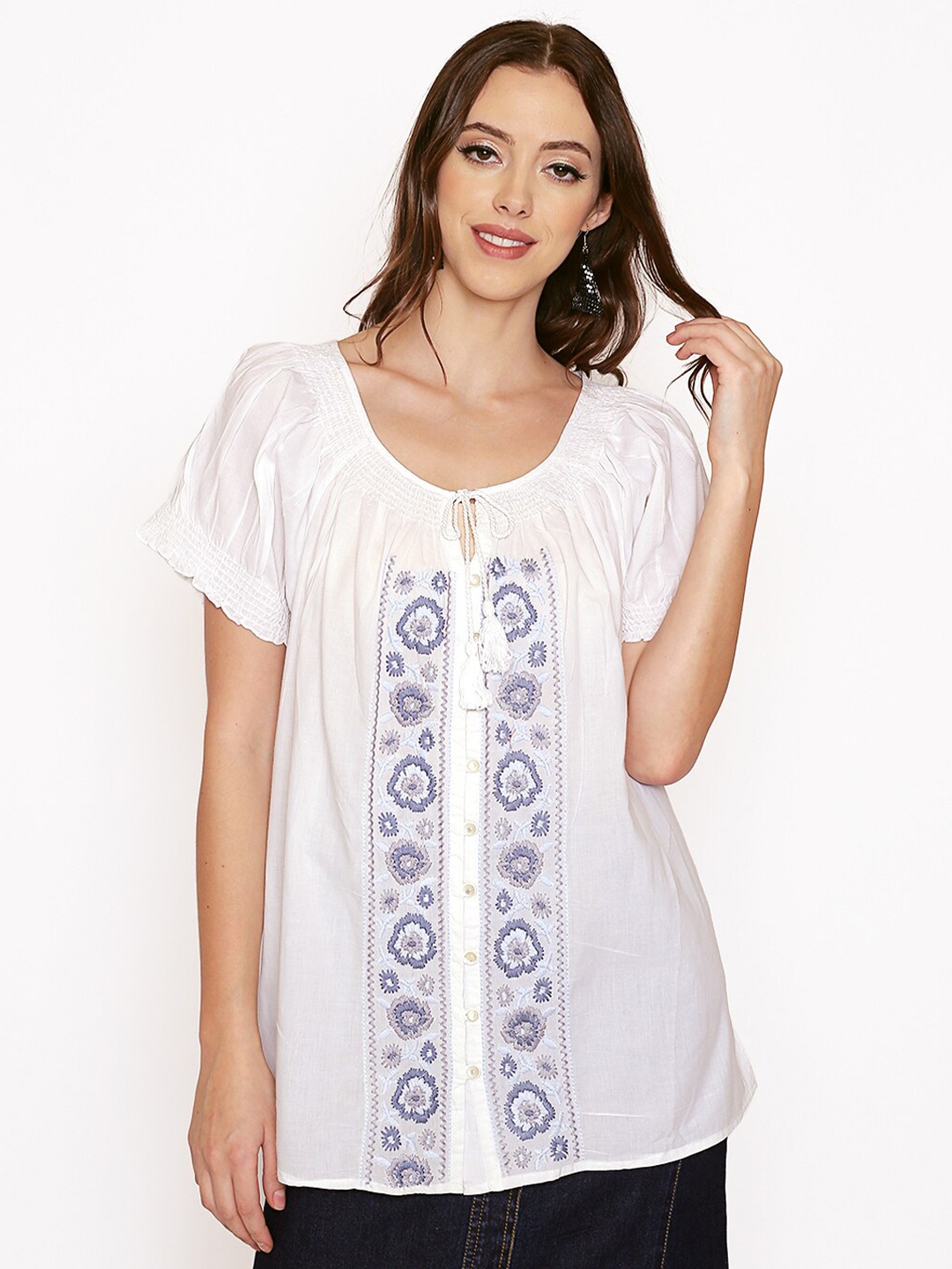 

250 DESIGNS Floral Embroidered Tie-Up Neck Raglan Sleeves Pure Cotton Top, White