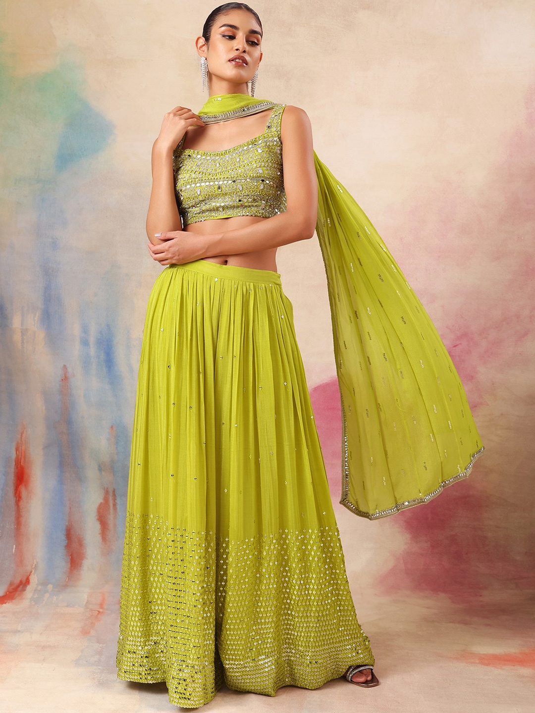 

Indya Luxe Embroidered Mirror Work Crop Top With Palazzo & Dupatta, Lime green