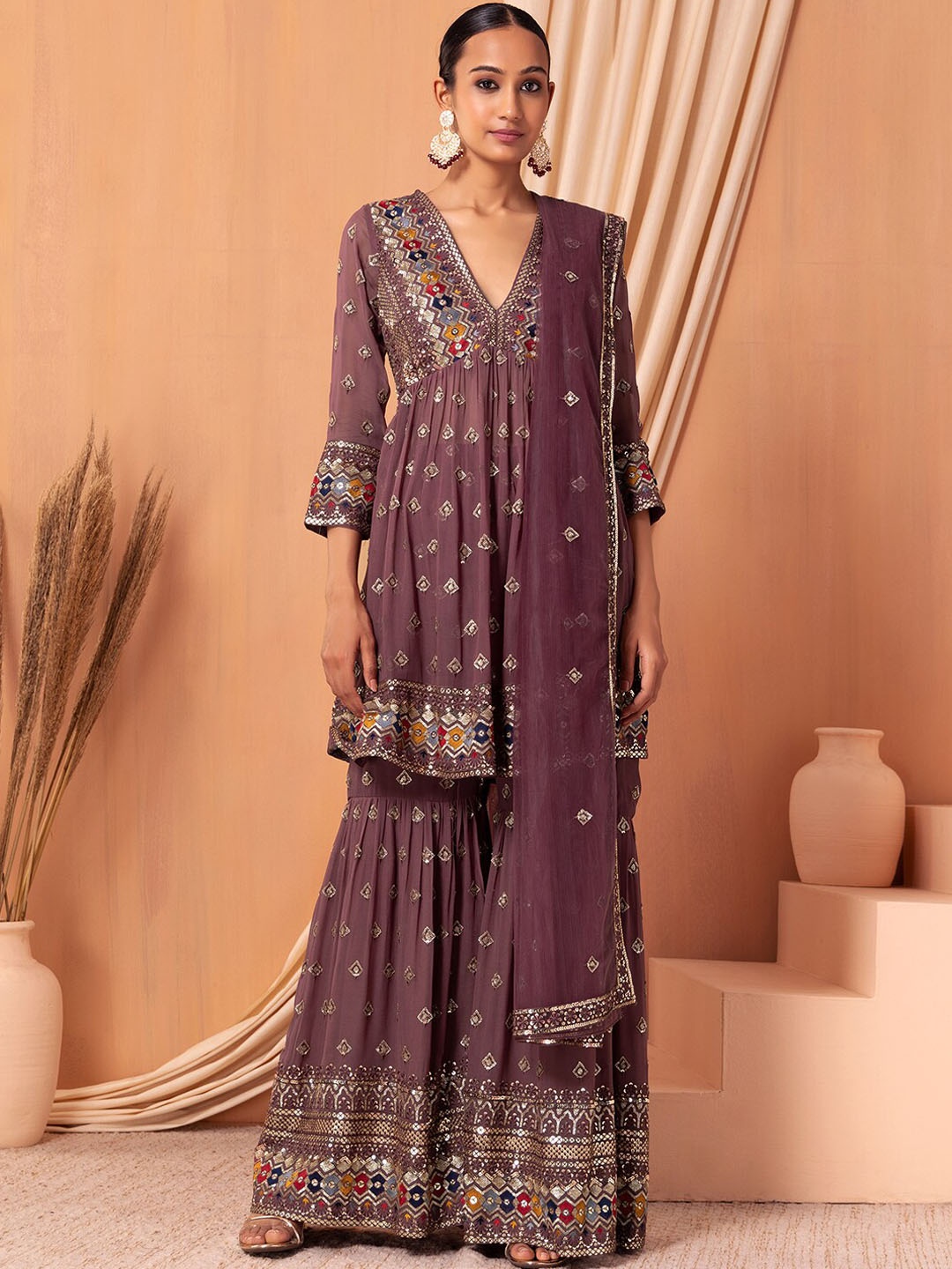 

Indya Luxe Ethnic Motifs Embroidered Empire Sequinned Kurta & Sharara With Dupatta, Pink