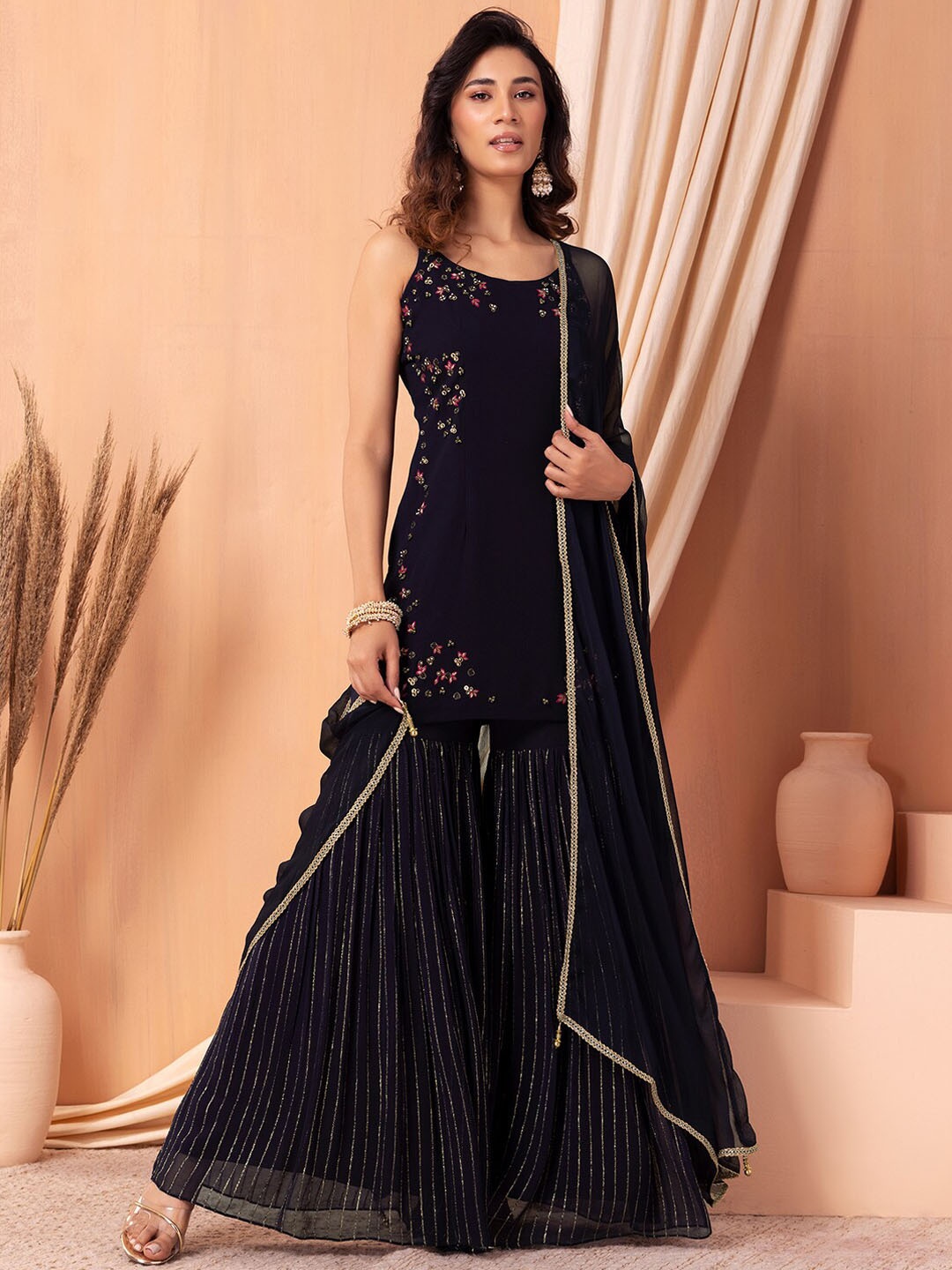 

Indya Luxe Ethnic Motifs Embroidered Sequinned Kurta & Sharara With Dupatta, Purple