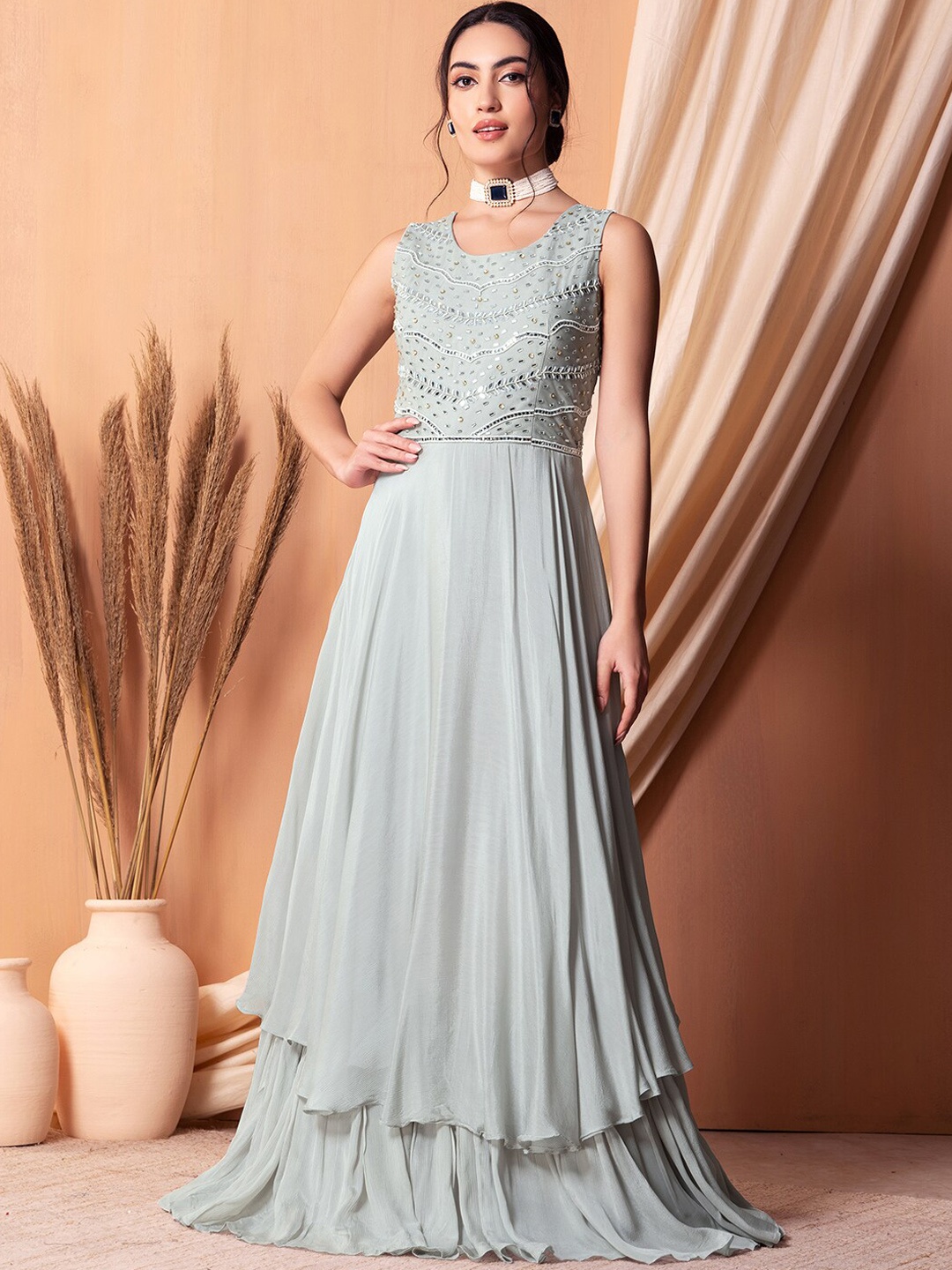 

Indya Luxe Floral Embroidered Sequinned Anarkali Ethnic Dress, Grey