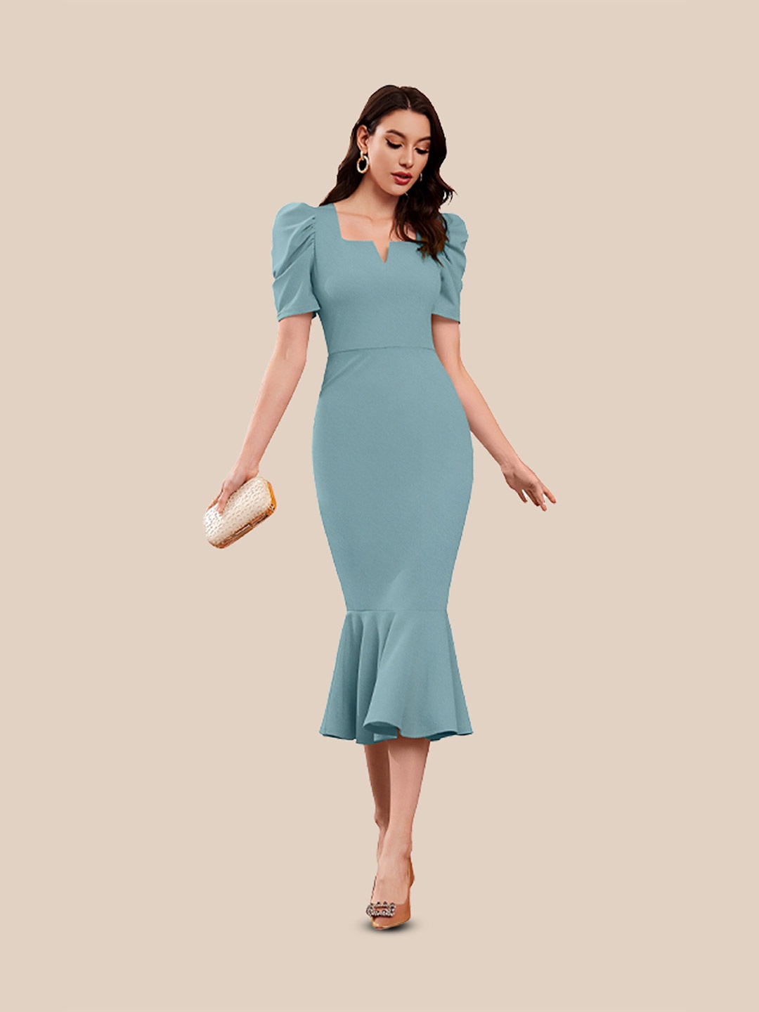 

N N ENTERPRISE Puff Sleeve Sheath Midi Dress, Turquoise blue