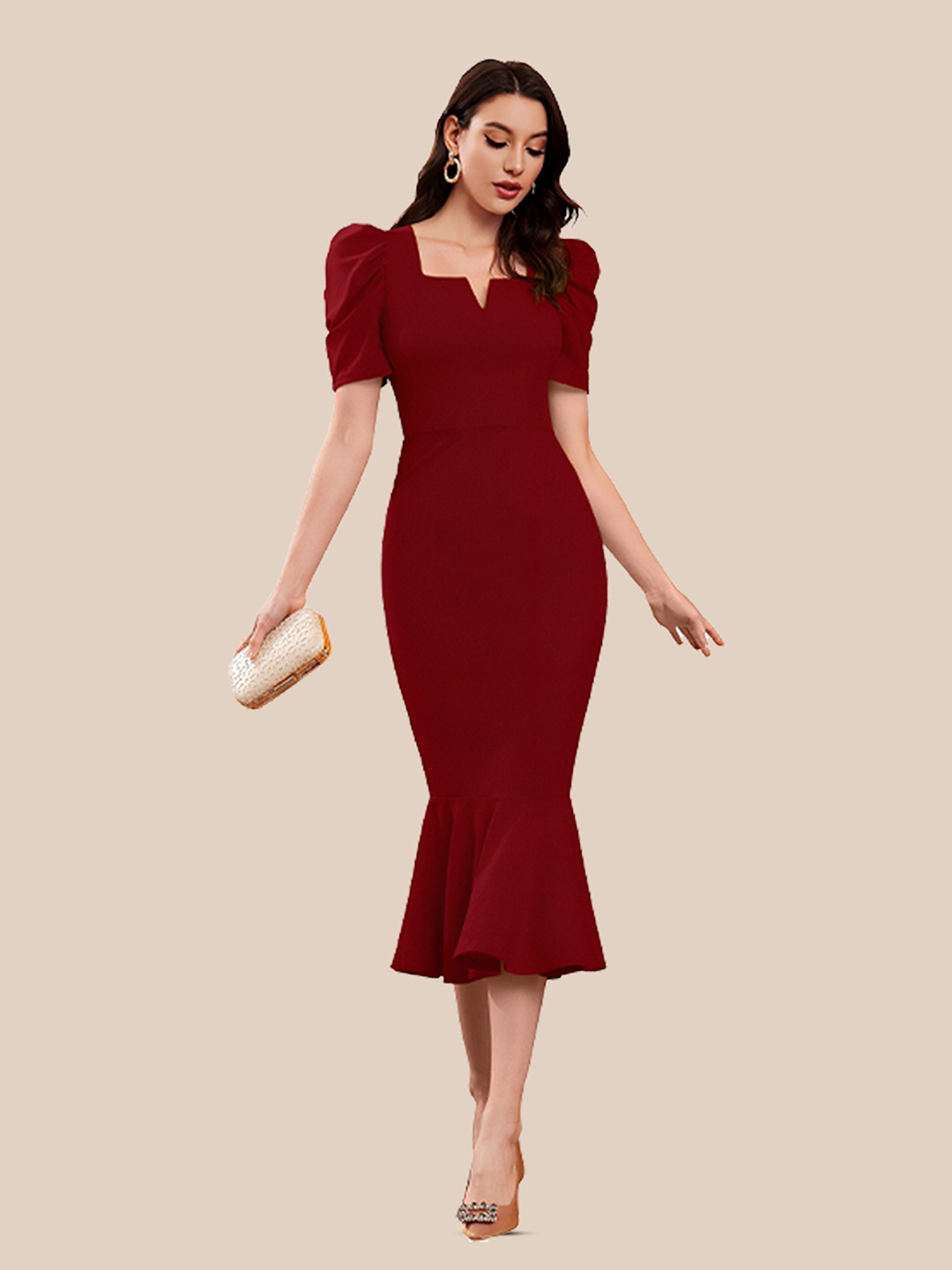 

N N ENTERPRISE Puff Sleeve Sheath Midi Dress, Maroon