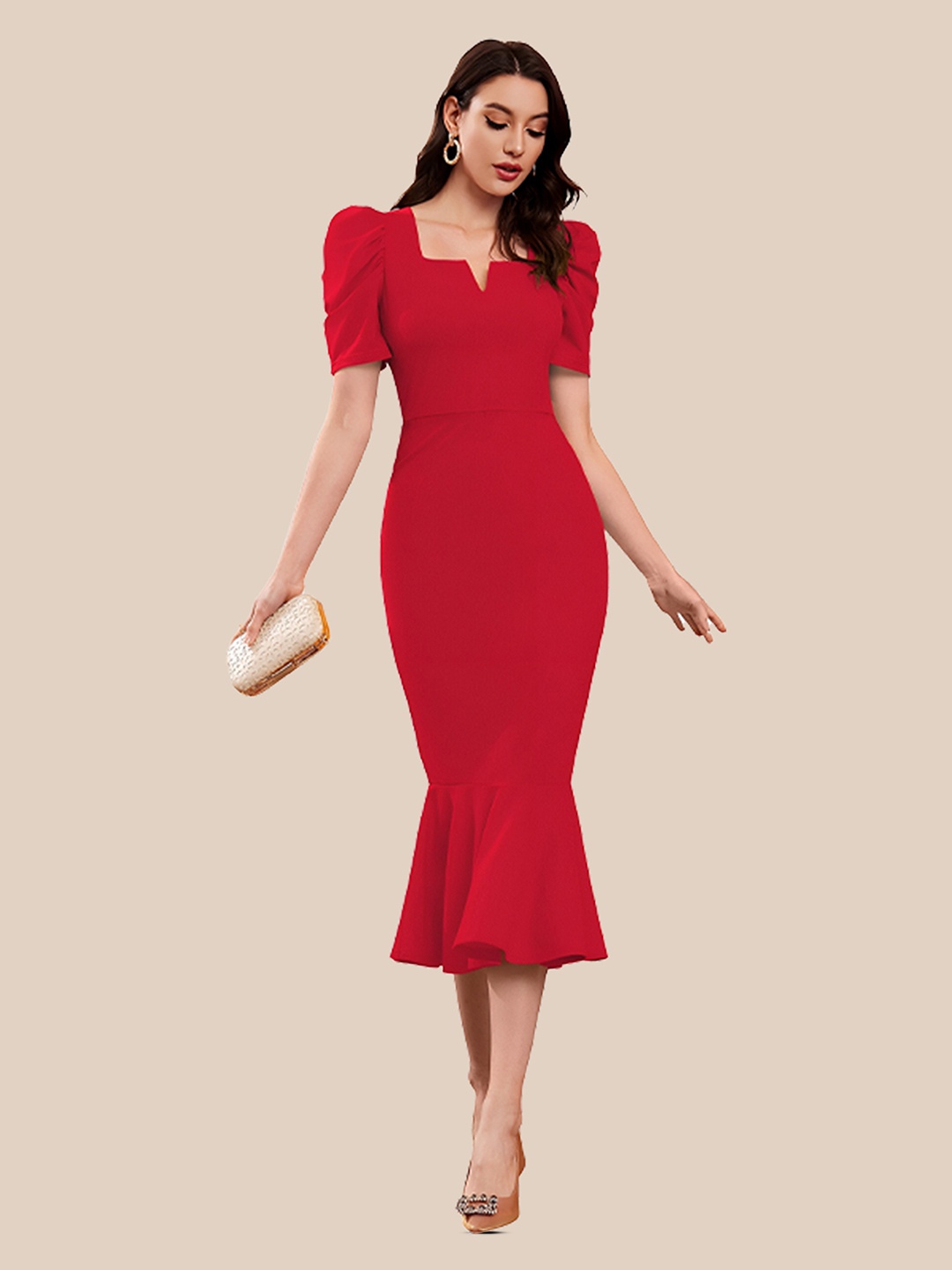 

N N ENTERPRISE Puff Sleeve Sheath Midi Dress, Red