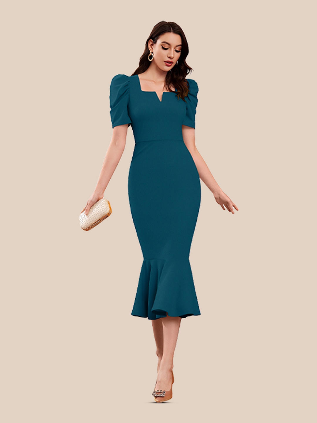 

N N ENTERPRISE Puff Sleeve Sheath Midi Dress, Teal