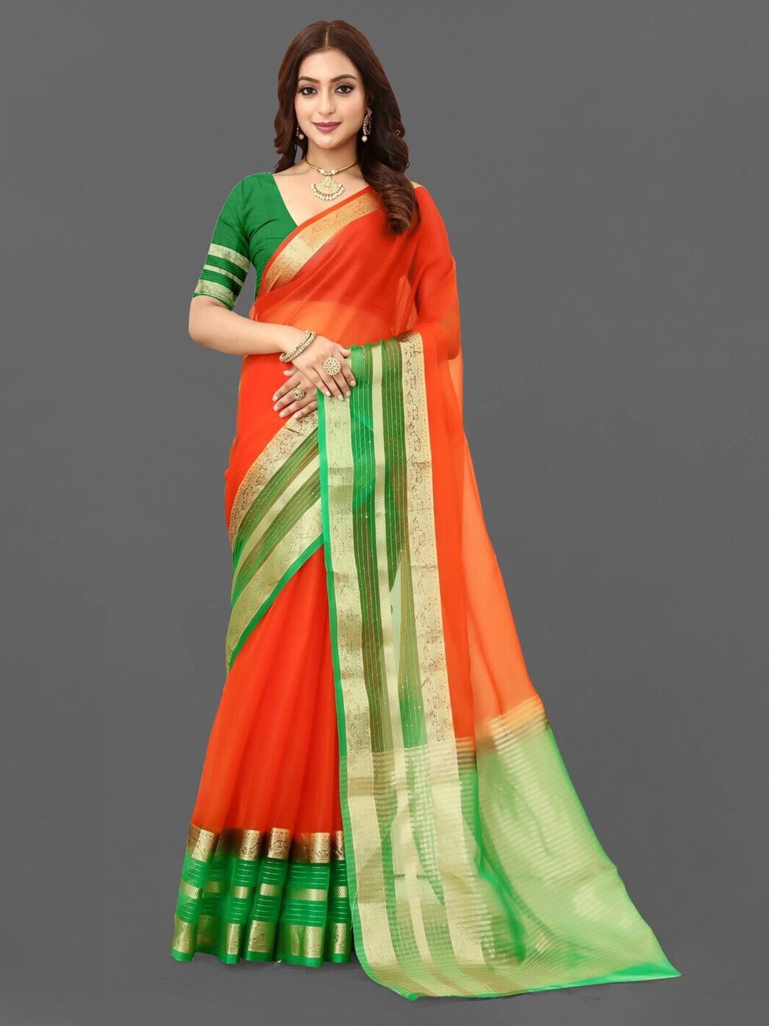

Sareeslatest Designer Zari Organza Banarasi Saree, Orange