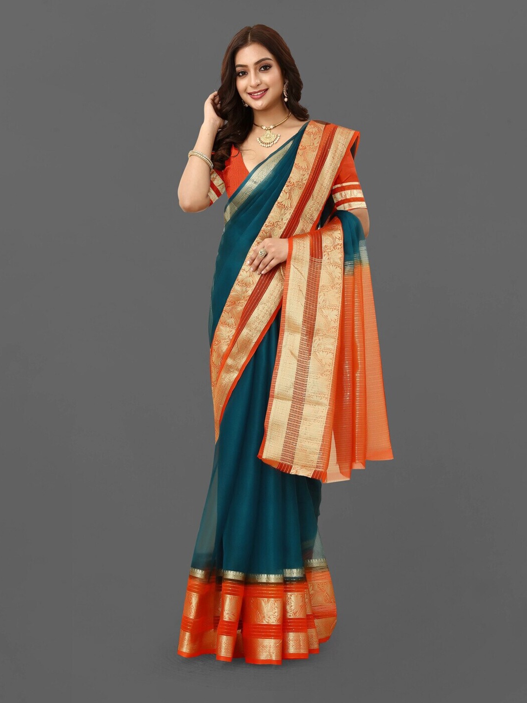 

Sareeslatest Designer Zari Organza Banarasi Saree, Teal