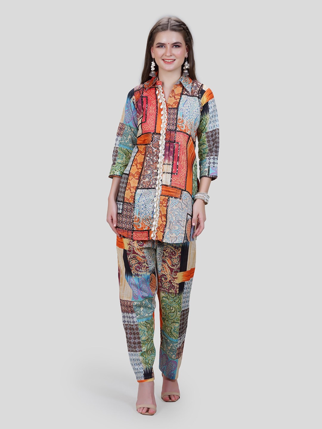 

MEHNAM Printed Cotton Tunic With Trousers, Red